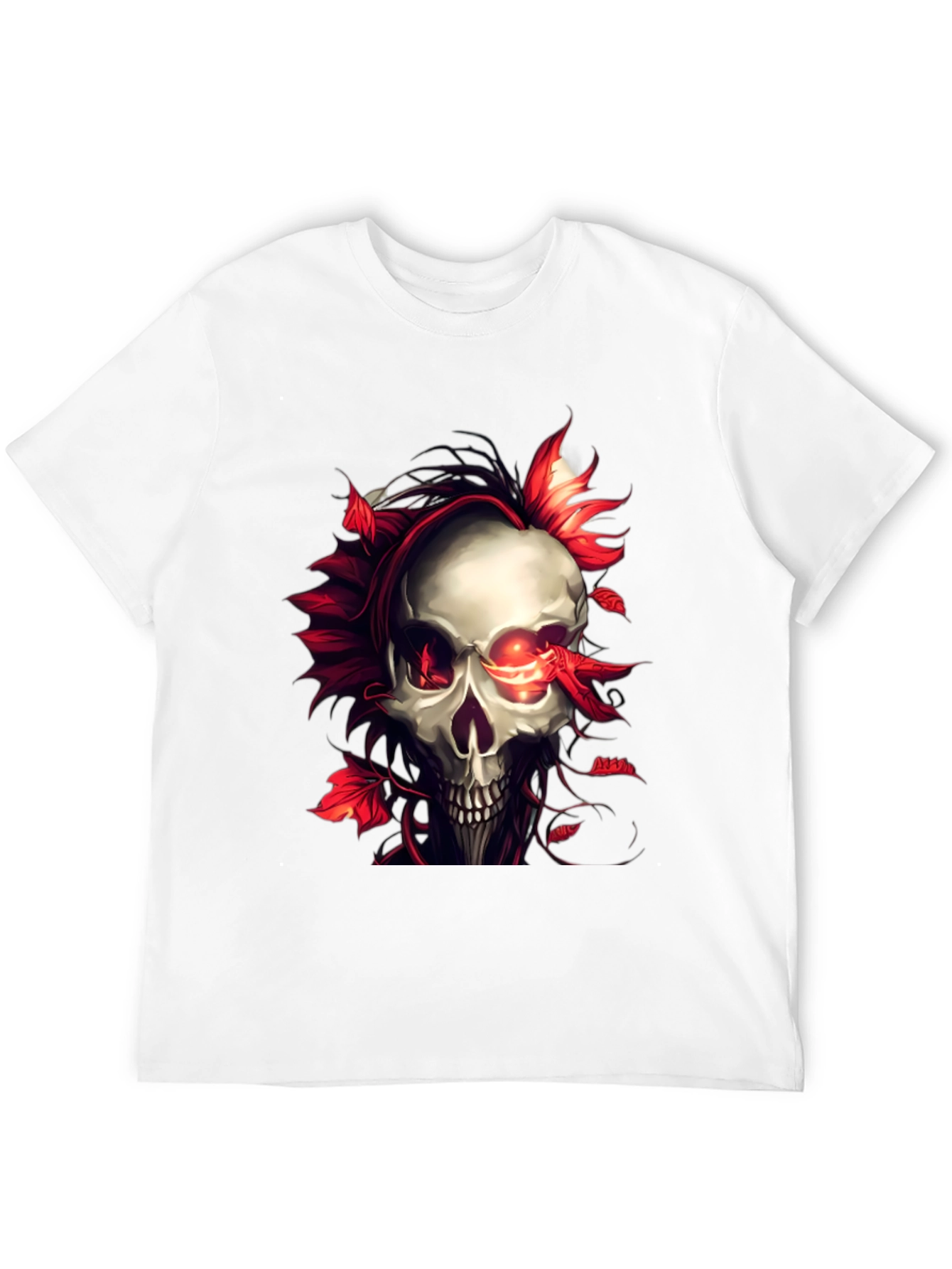 Skull and Red Leaf Graphic Print Black T-Shirt
