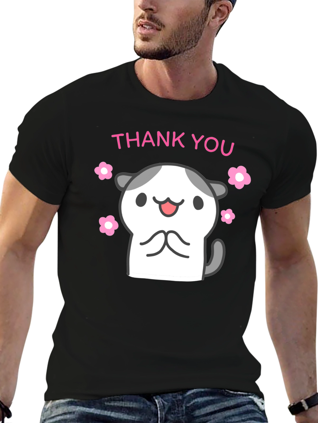 Cute Thank You Kitty Black T-Shirt
