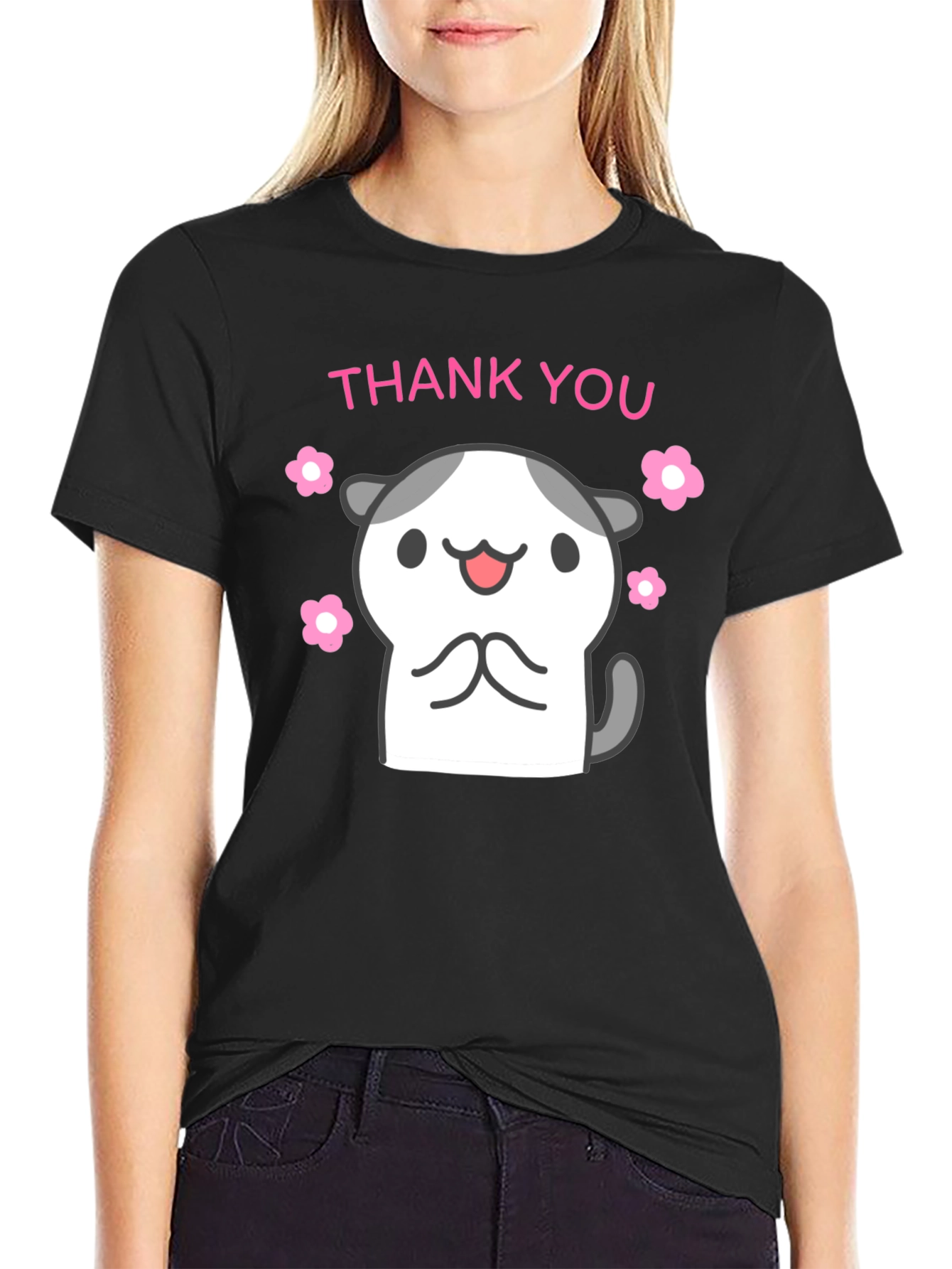 Cute Thank You Kitty Black T-Shirt