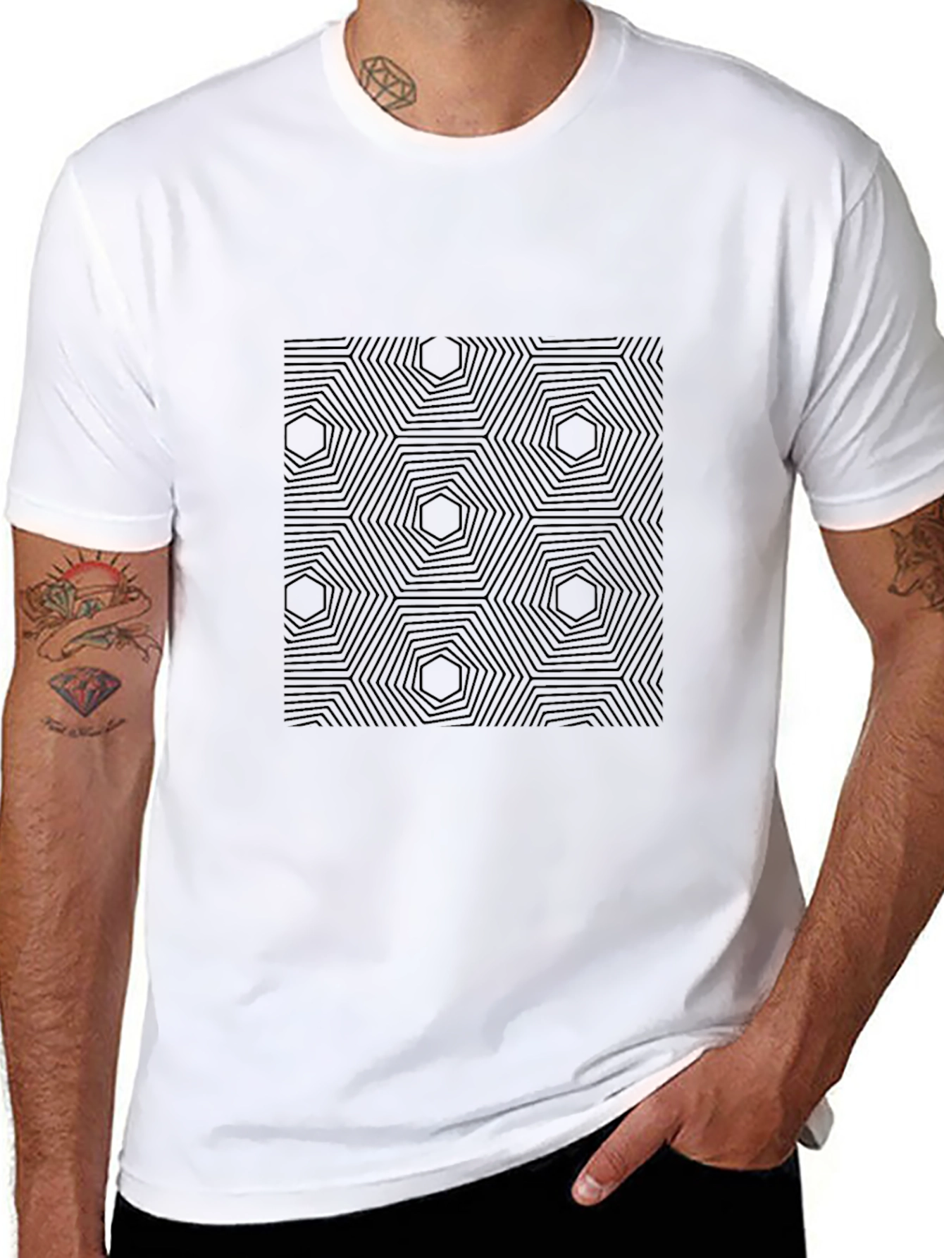 Geometric Hexagon Pattern Black T-Shirt