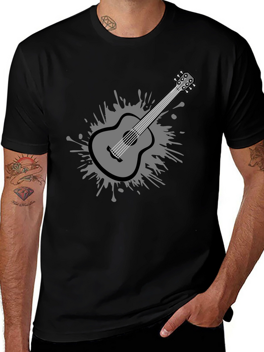 Stylish Guitar Graphic Tee - Black Cotton Blend