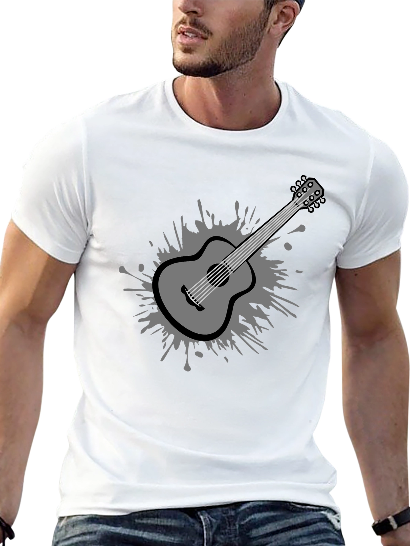 Stylish Guitar Graphic Tee - Black Cotton Blend