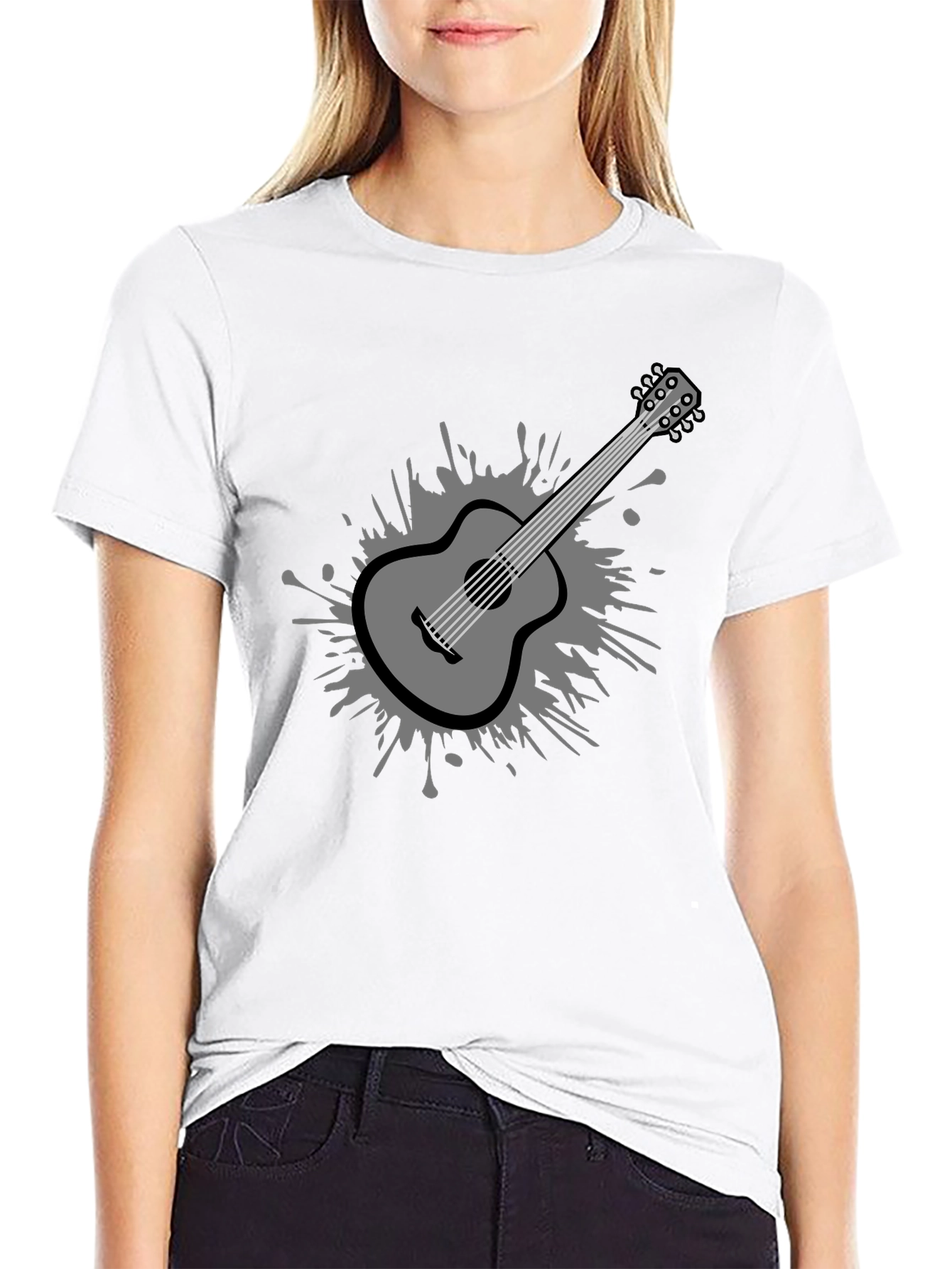 Stylish Guitar Graphic Tee - Black Cotton Blend