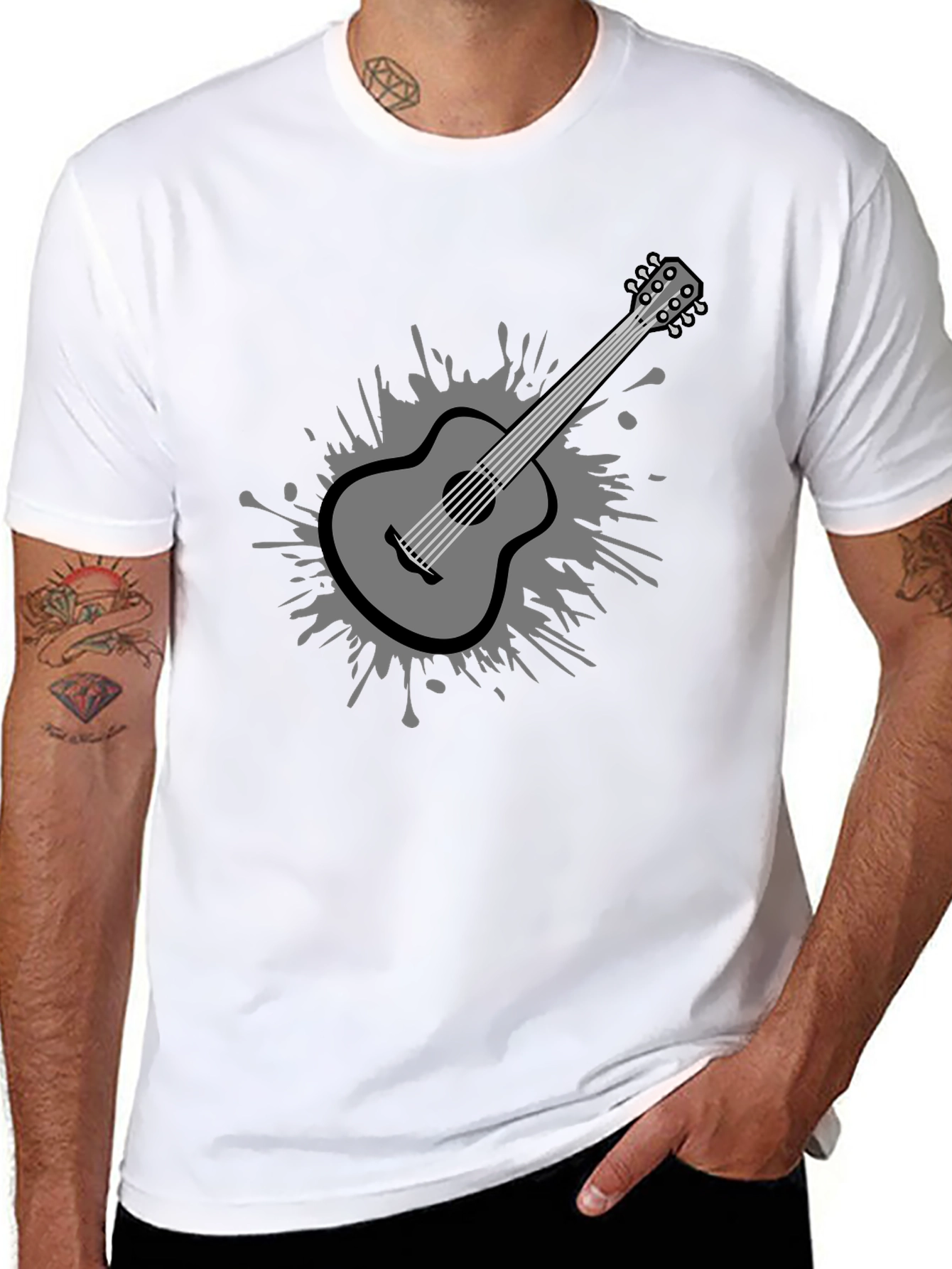 Stylish Guitar Graphic Tee - Black Cotton Blend