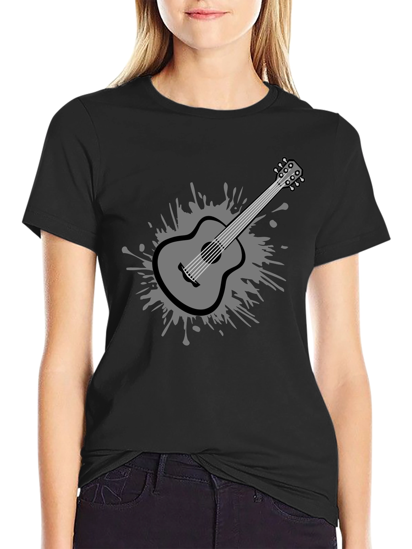 Stylish Guitar Graphic Tee - Black Cotton Blend