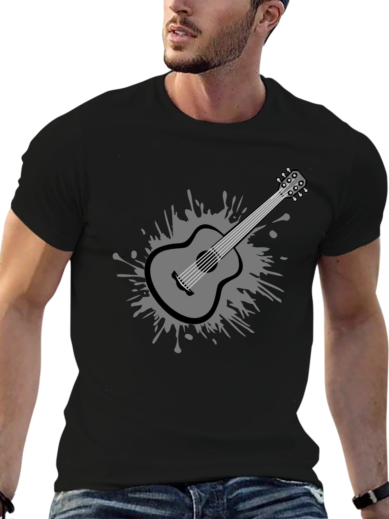 Stylish Guitar Graphic Tee - Black Cotton Blend