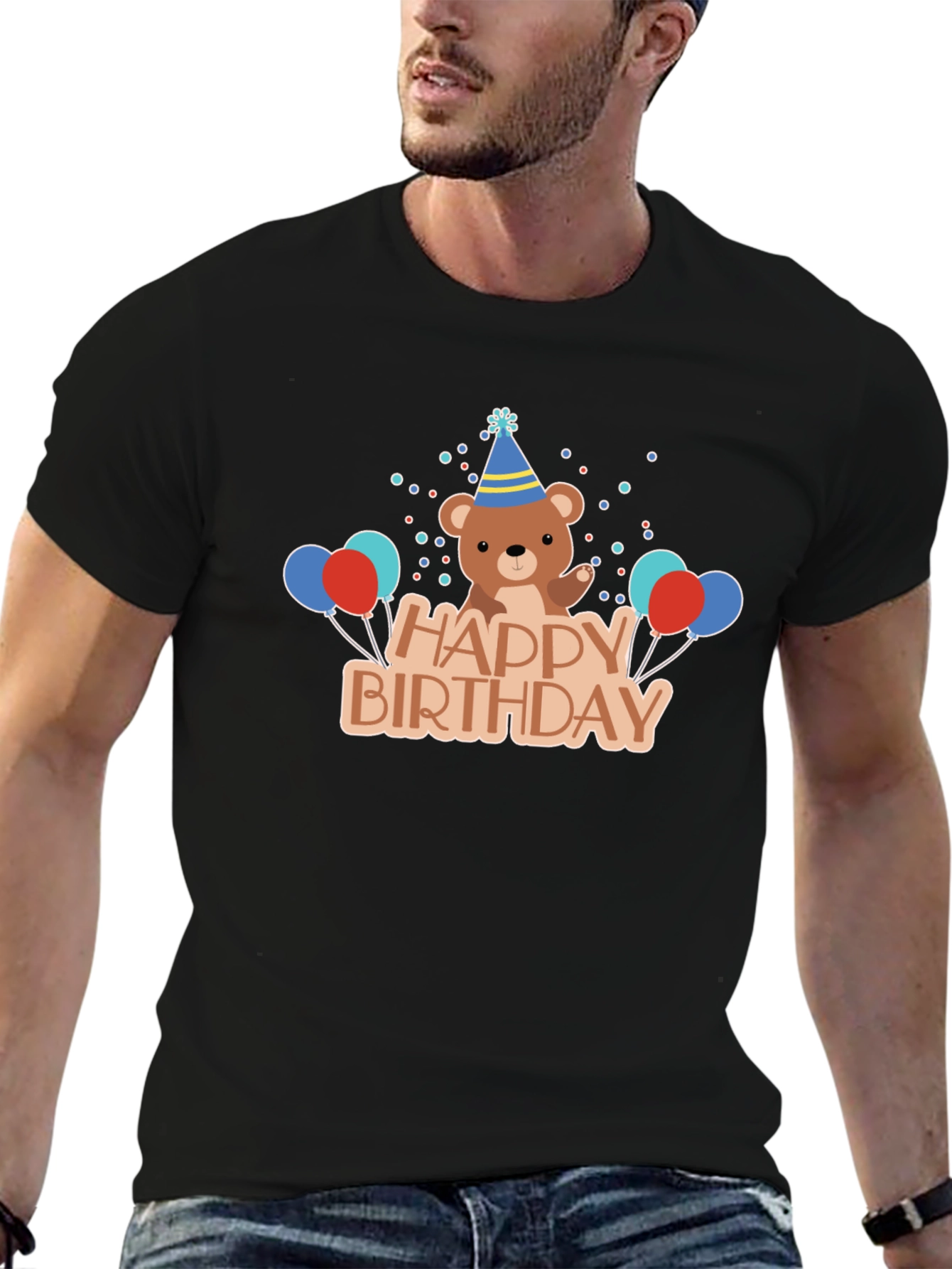Happy Birthday Bear Graphic Tee - Black