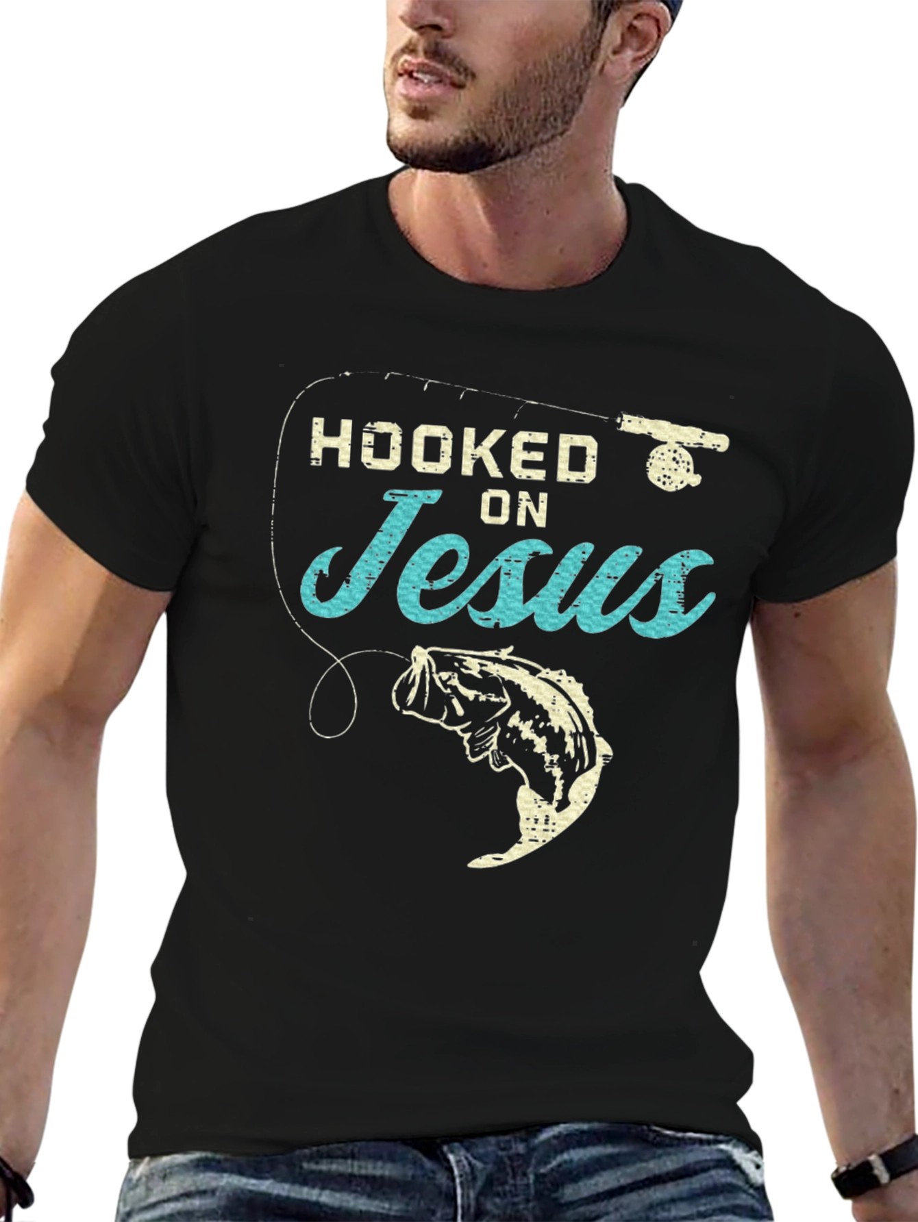 Hooked On Jesus Fishing Graphic T-Shirt