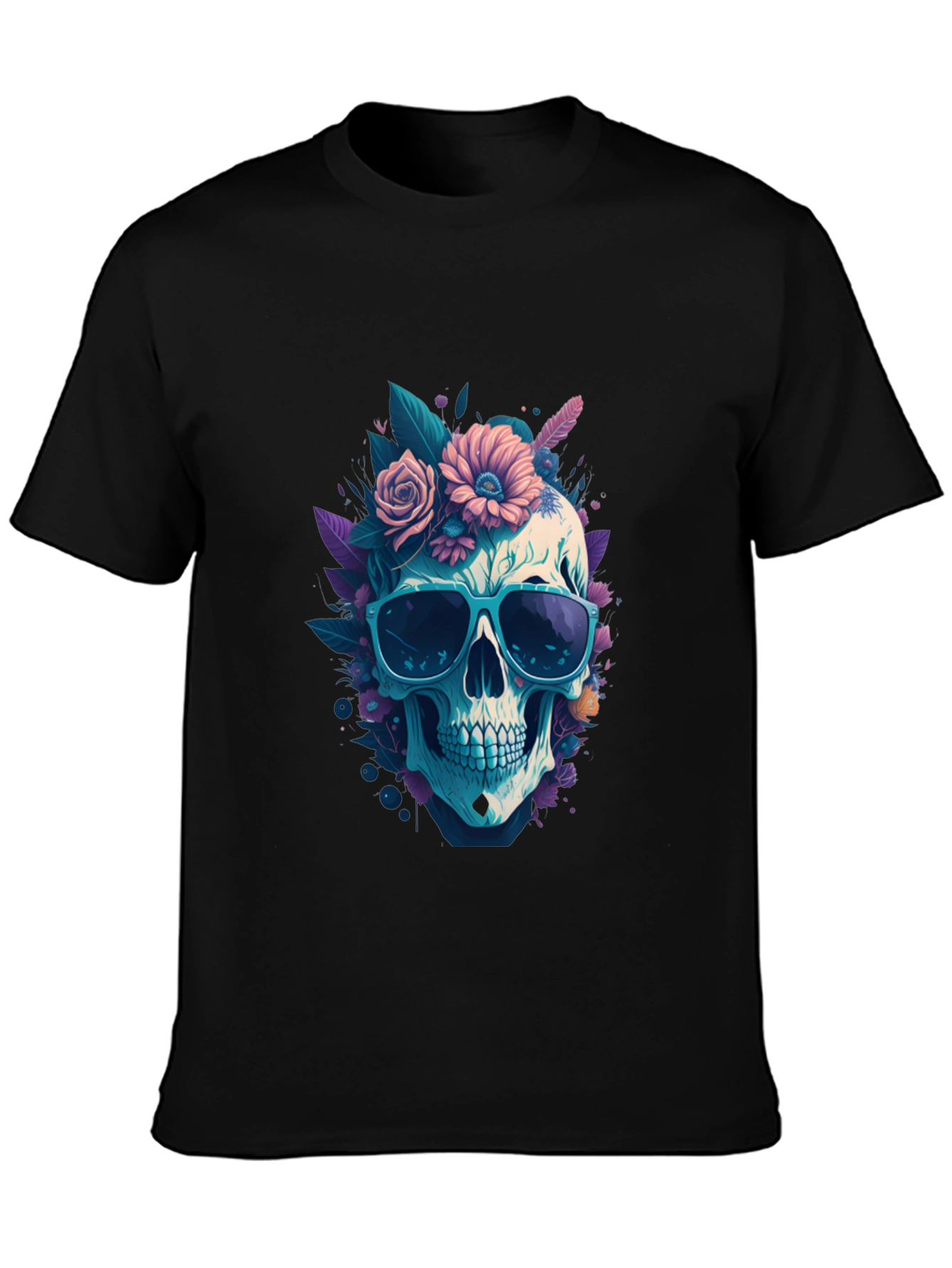 Skull & Flowers Graphic Tee - Black Crew Neck