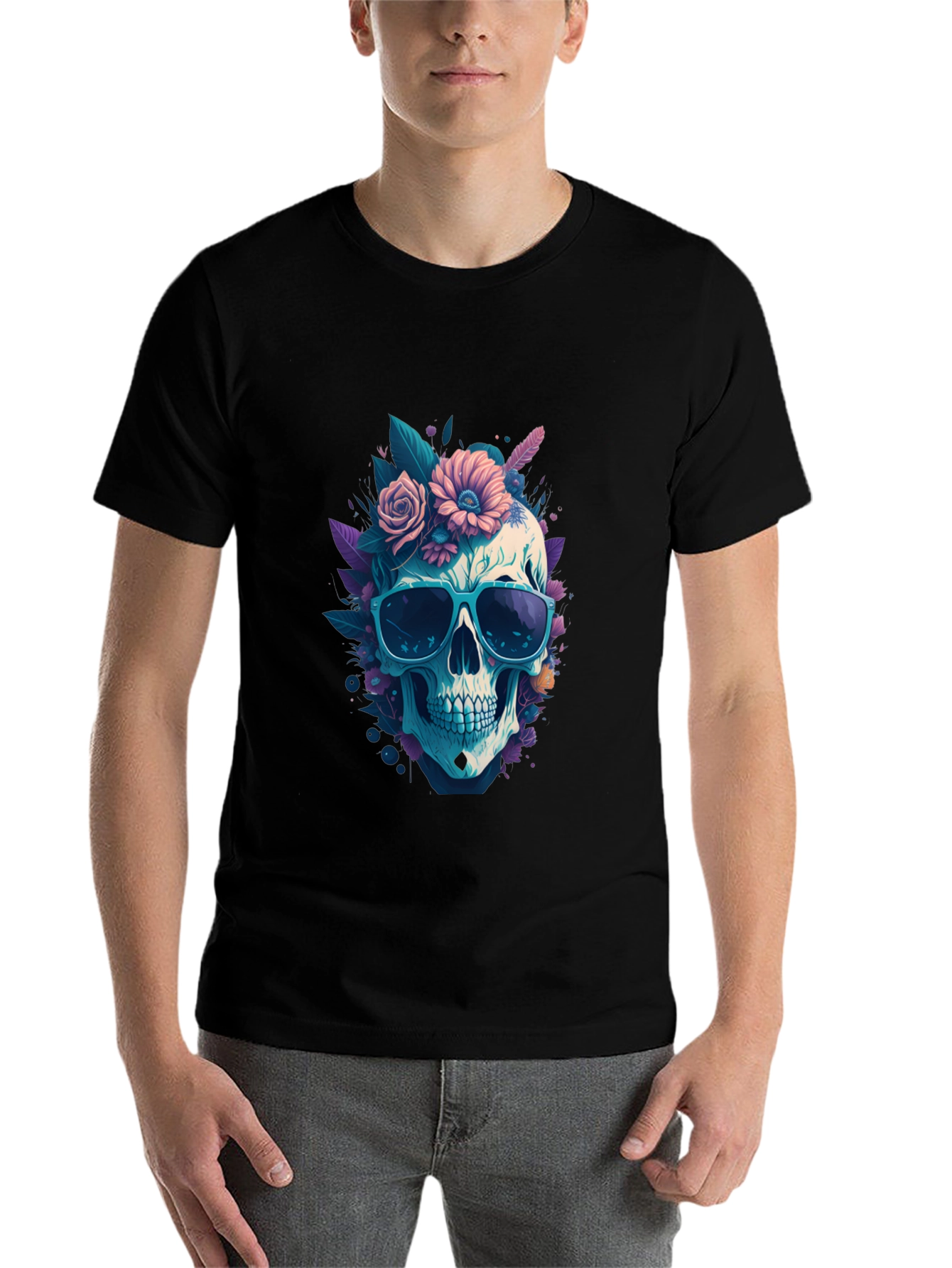 Skull & Flowers Graphic Tee - Black Crew Neck