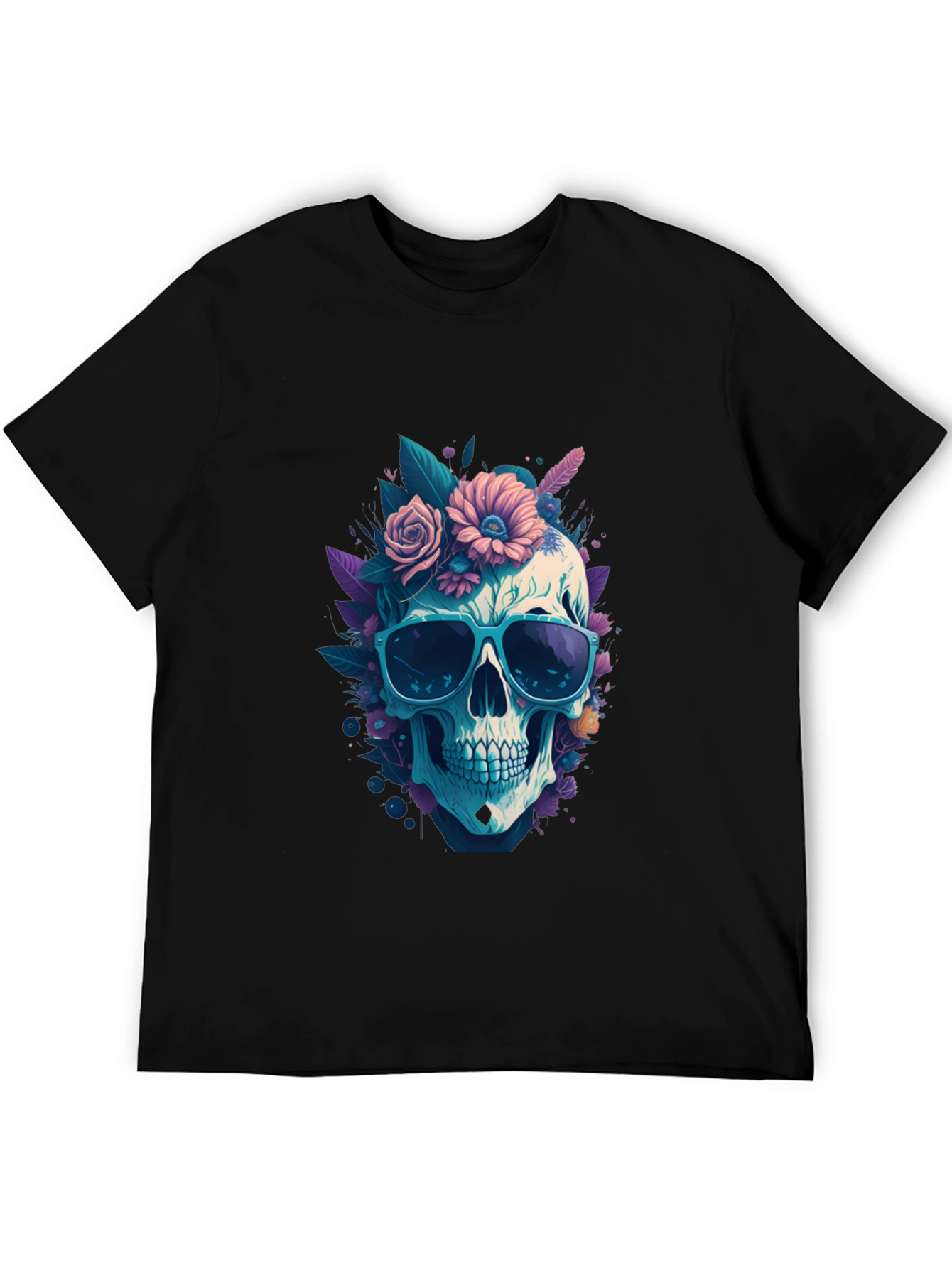 Skull & Flowers Graphic Tee - Black Crew Neck