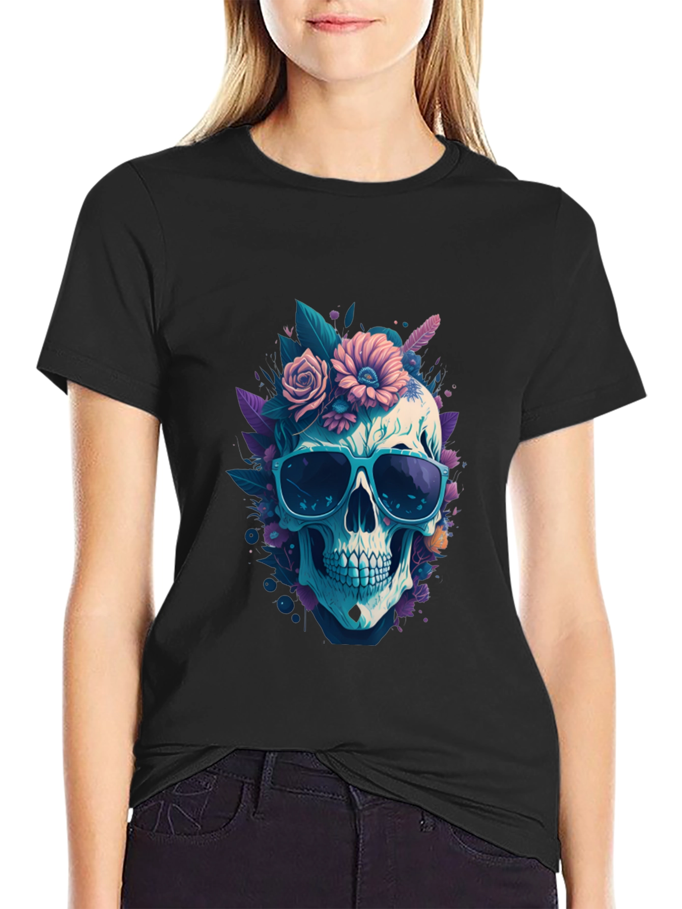Skull & Flowers Graphic Tee - Black Crew Neck