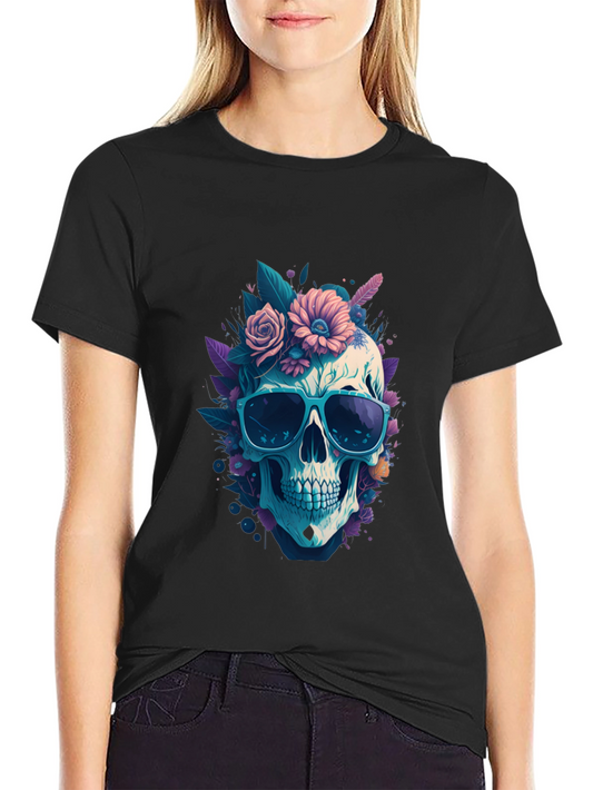 Skull & Flowers Graphic Tee - Black Crew Neck