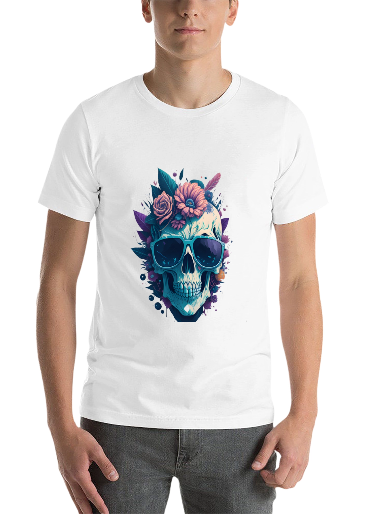 Skull & Flowers Graphic Tee - Black Crew Neck