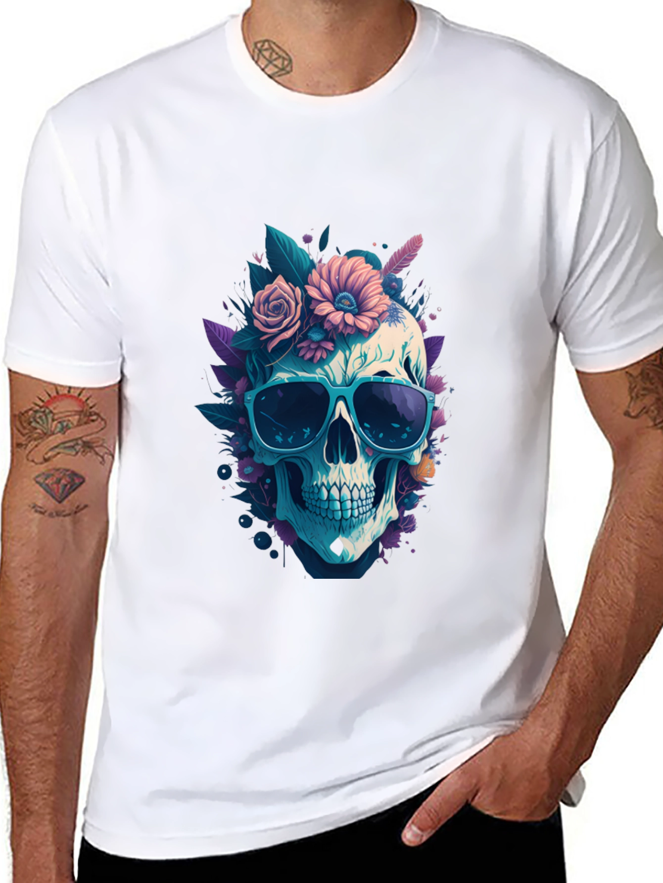Skull & Flowers Graphic Tee - Black Crew Neck
