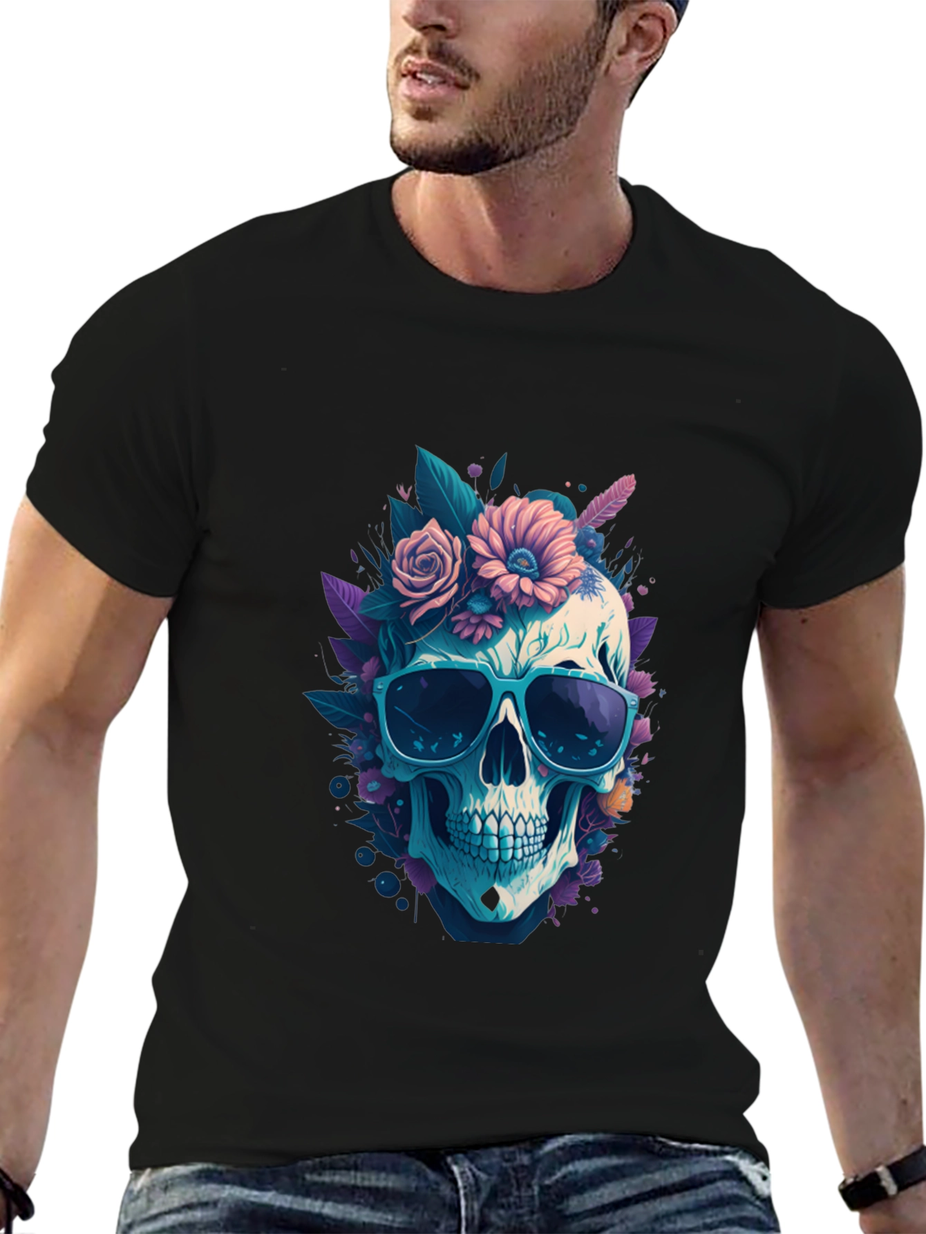 Skull & Flowers Graphic Tee - Black Crew Neck