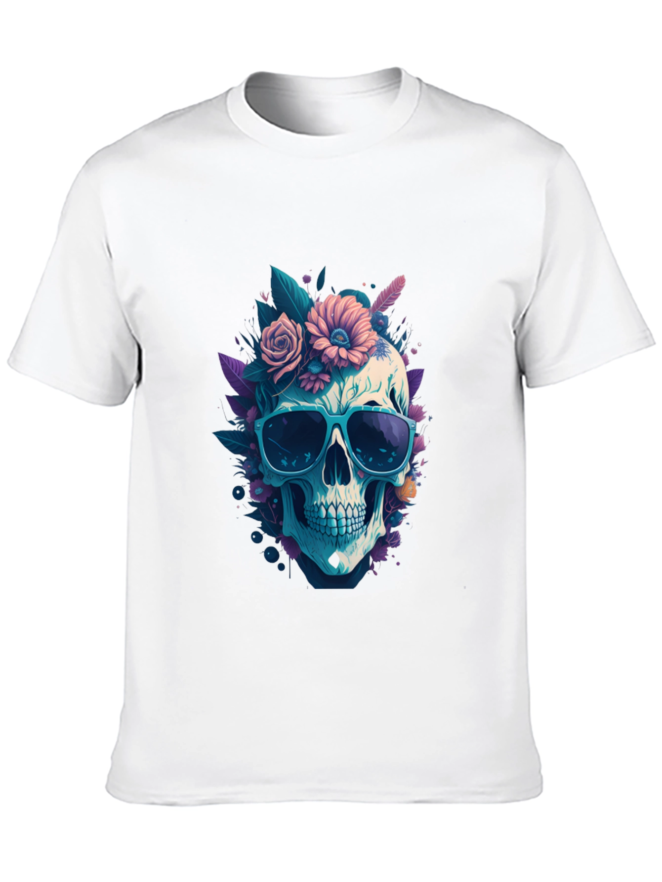 Skull & Flowers Graphic Tee - Black Crew Neck