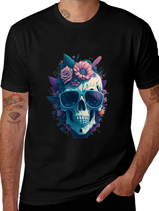Skull & Flowers Graphic Tee - Black Crew Neck