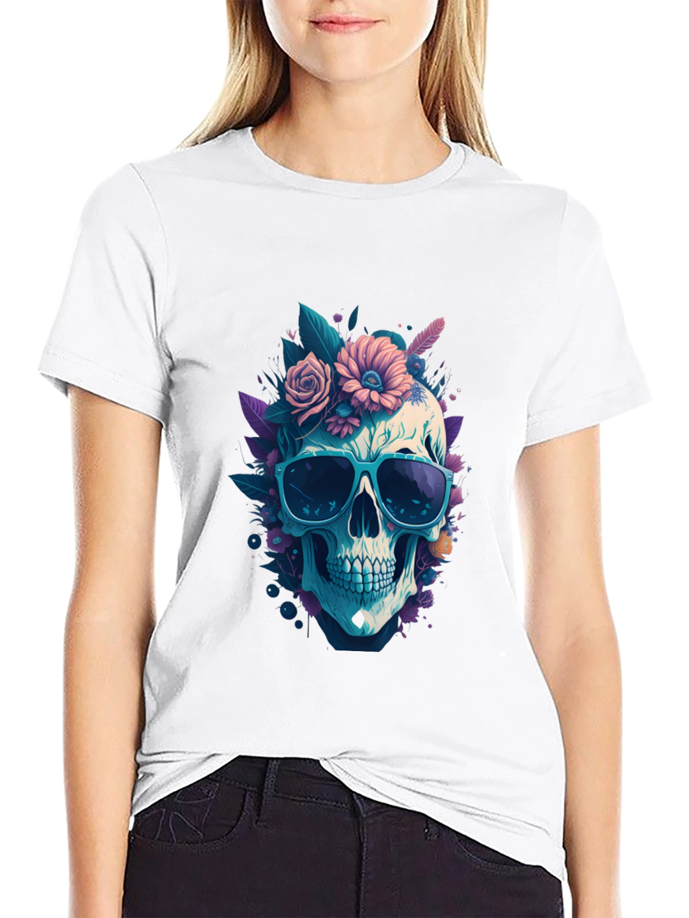 Skull & Flowers Graphic Tee - Black Crew Neck