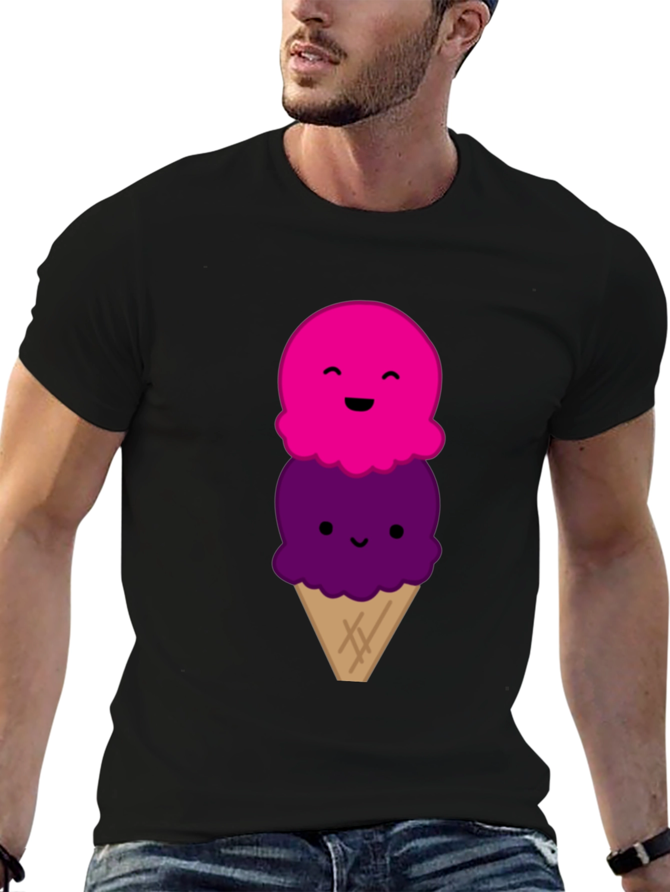 Cute Cartoon Ice Cream Graphic Black T-Shirt