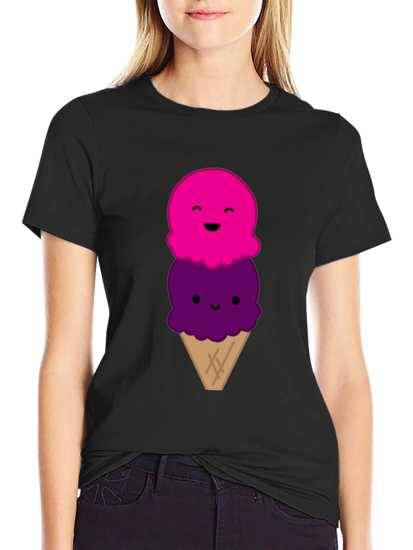 Cute Cartoon Ice Cream Graphic Black T-Shirt