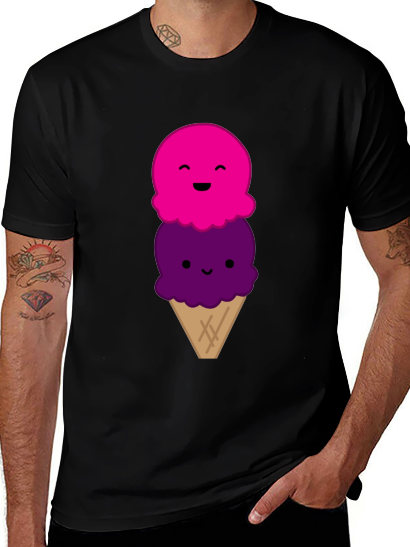 Cute Cartoon Ice Cream Graphic Black T-Shirt