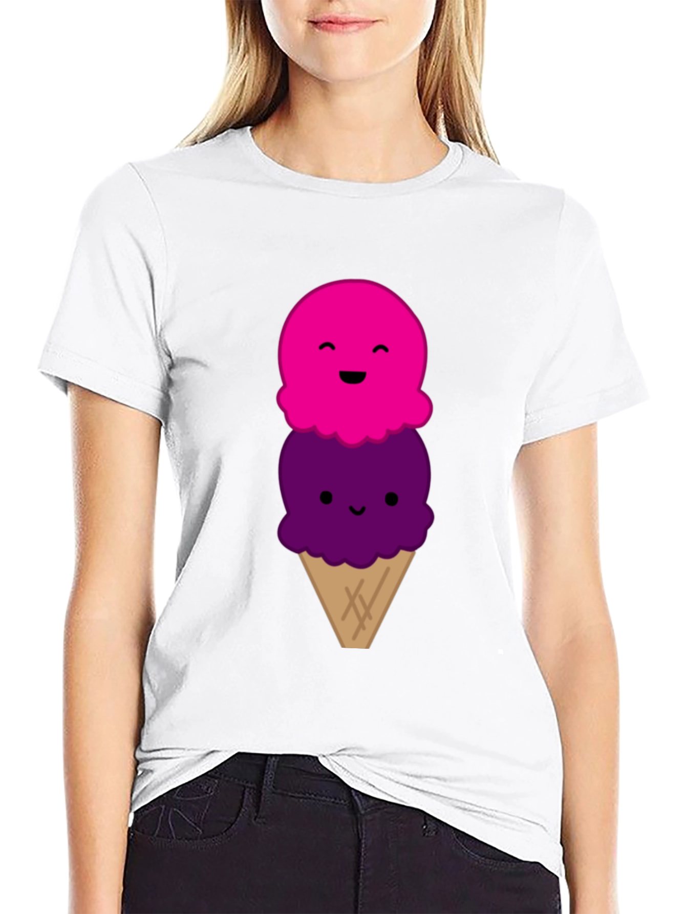 Cute Cartoon Ice Cream Graphic Black T-Shirt