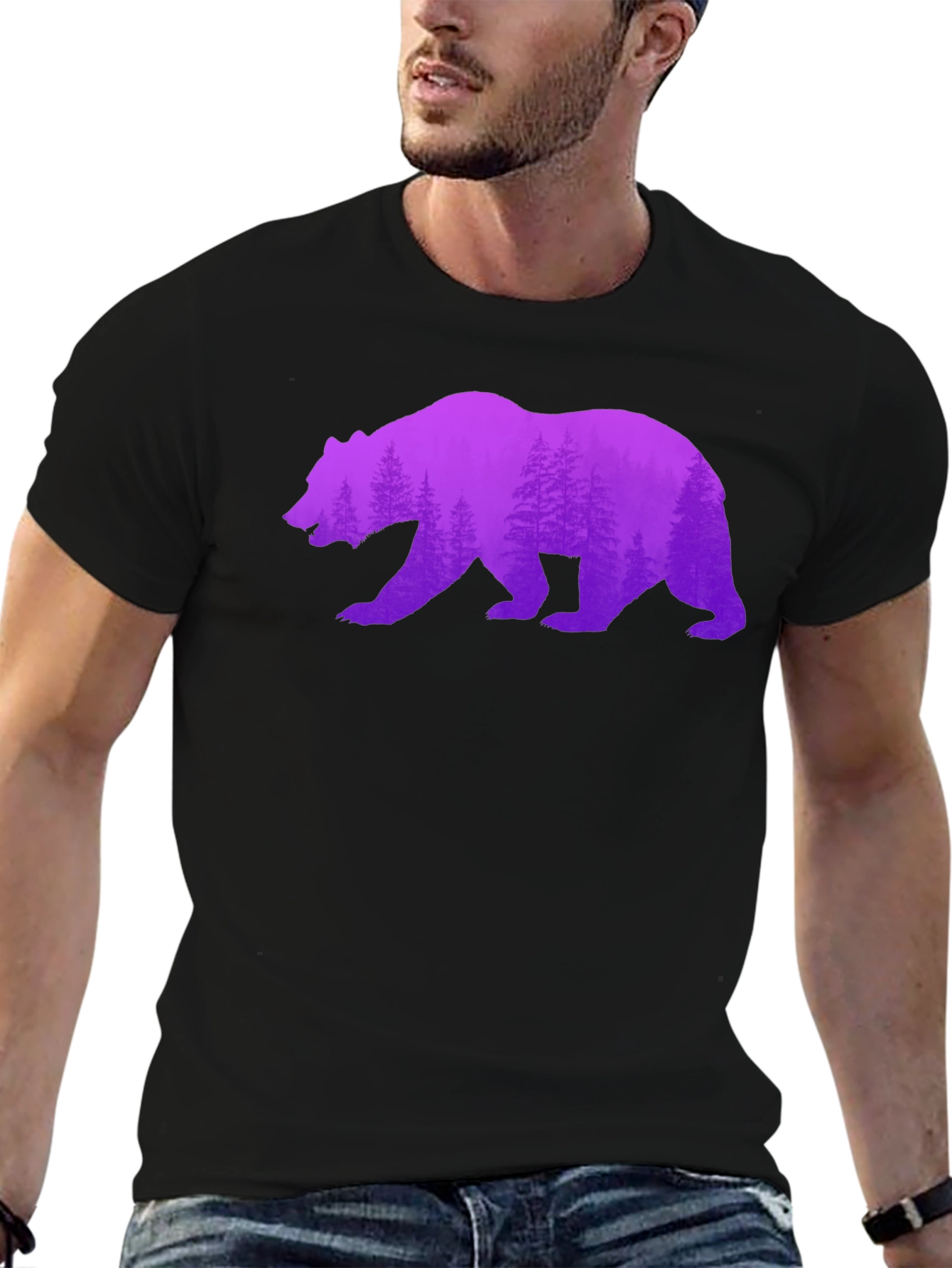 Bear Silhouette Forest Print Black Tee