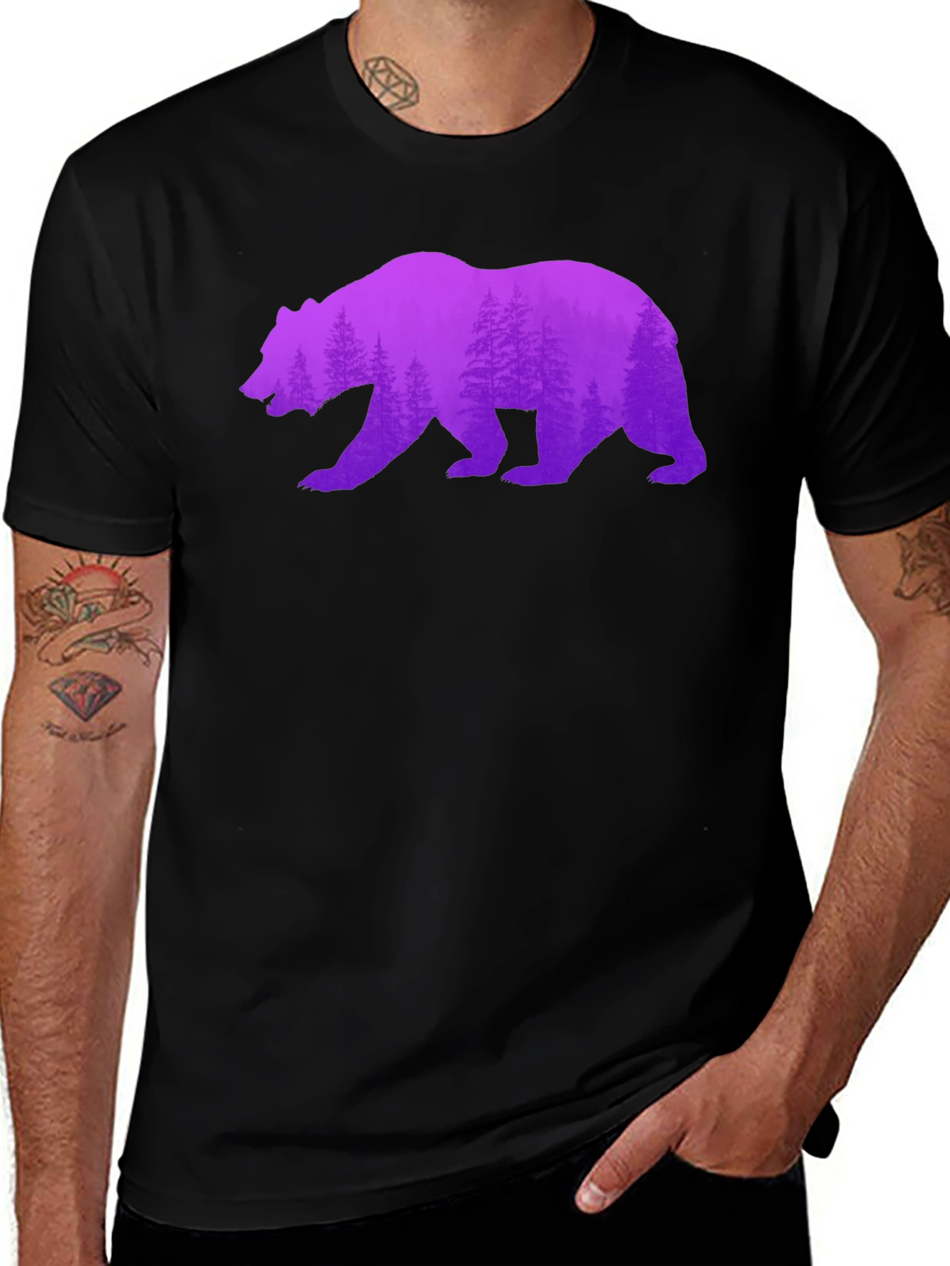 Bear Silhouette Forest Print Black Tee