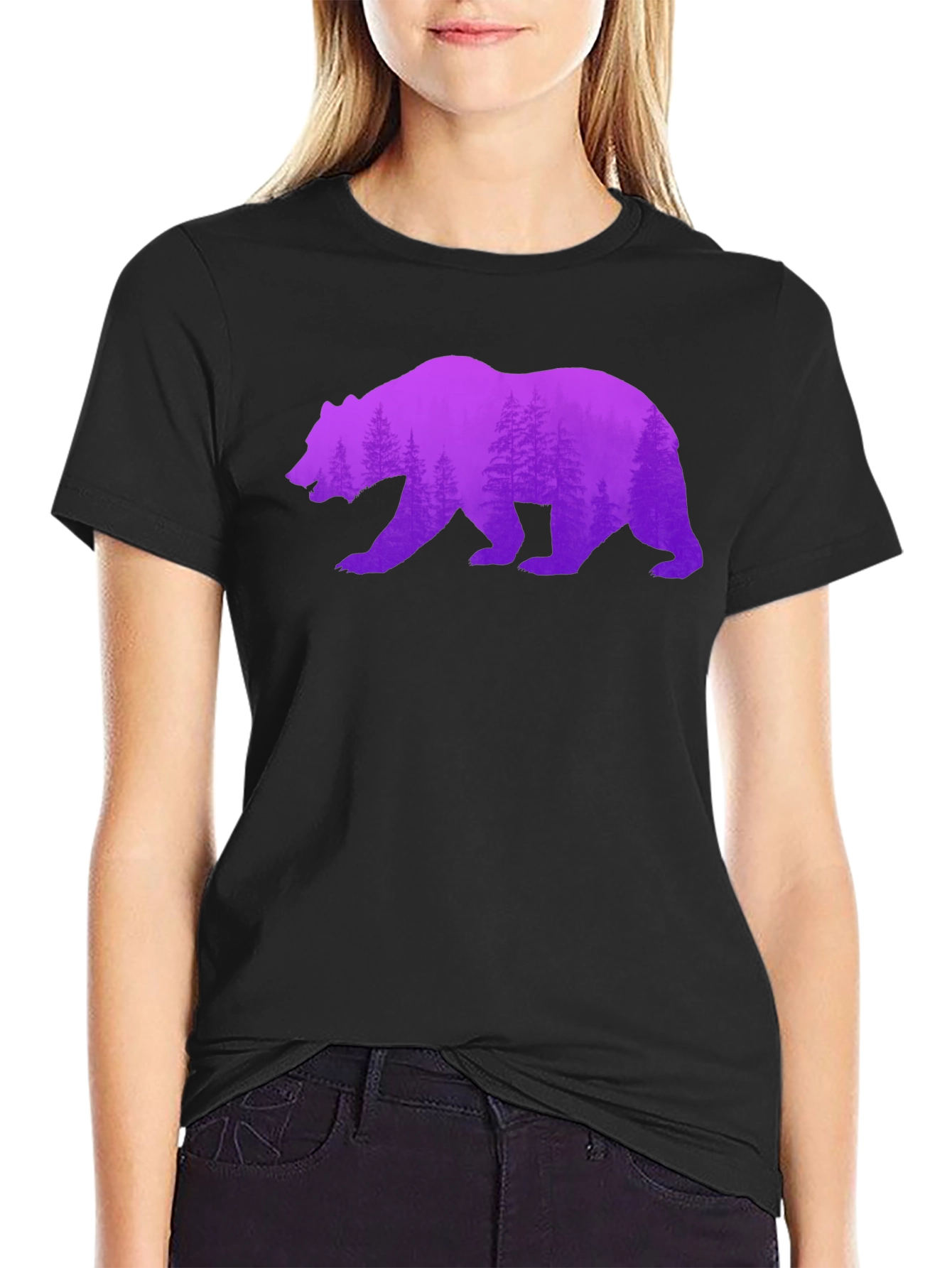 Bear Silhouette Forest Print Black Tee