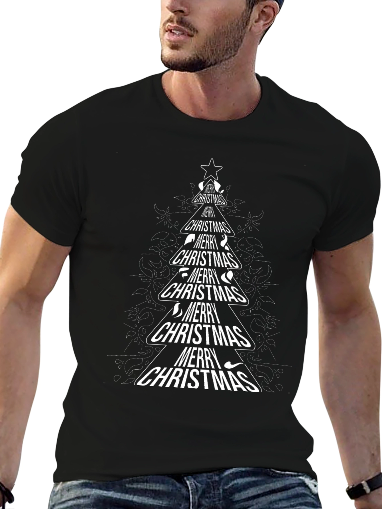 Merry Christmas Tree Graphic T-Shirt - Black