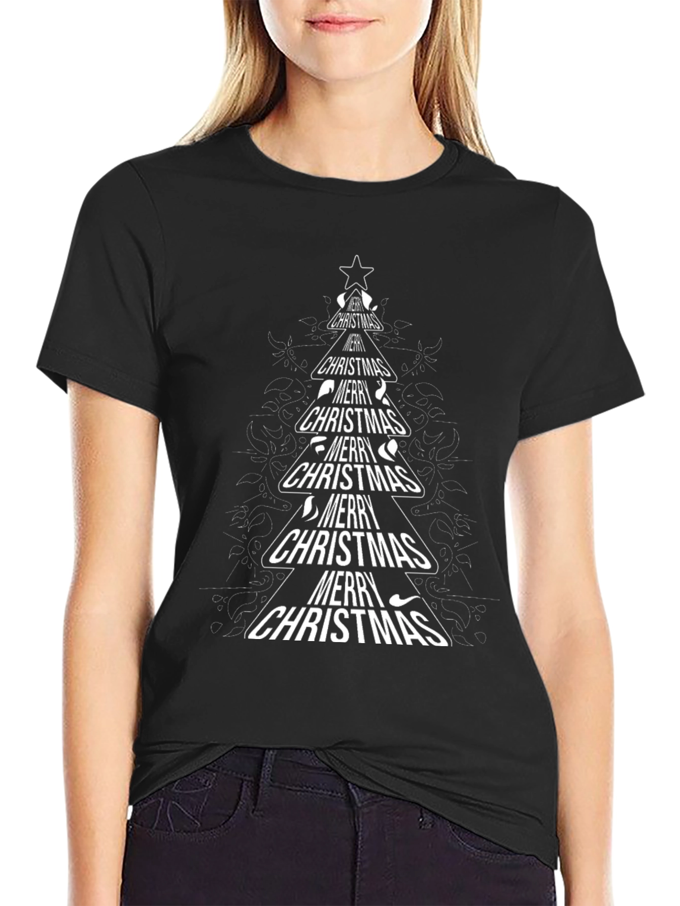 Merry Christmas Tree Graphic T-Shirt - Black