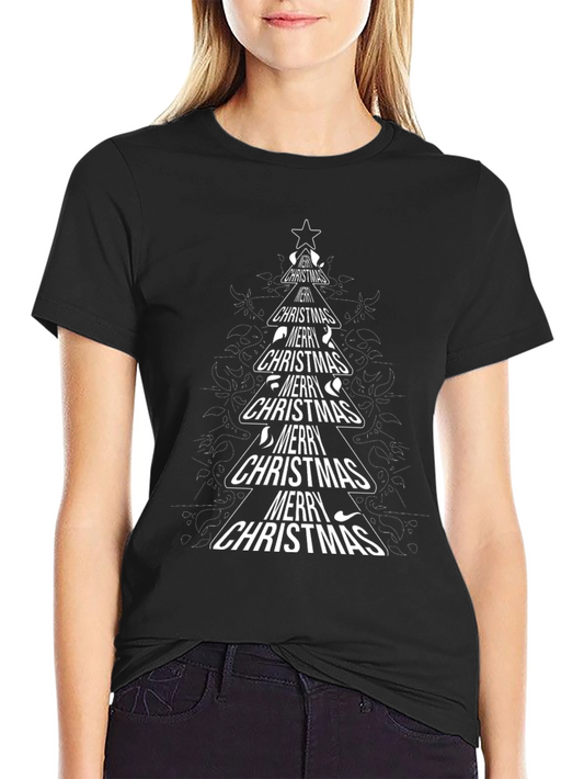 Merry Christmas Tree Graphic T-Shirt - Black
