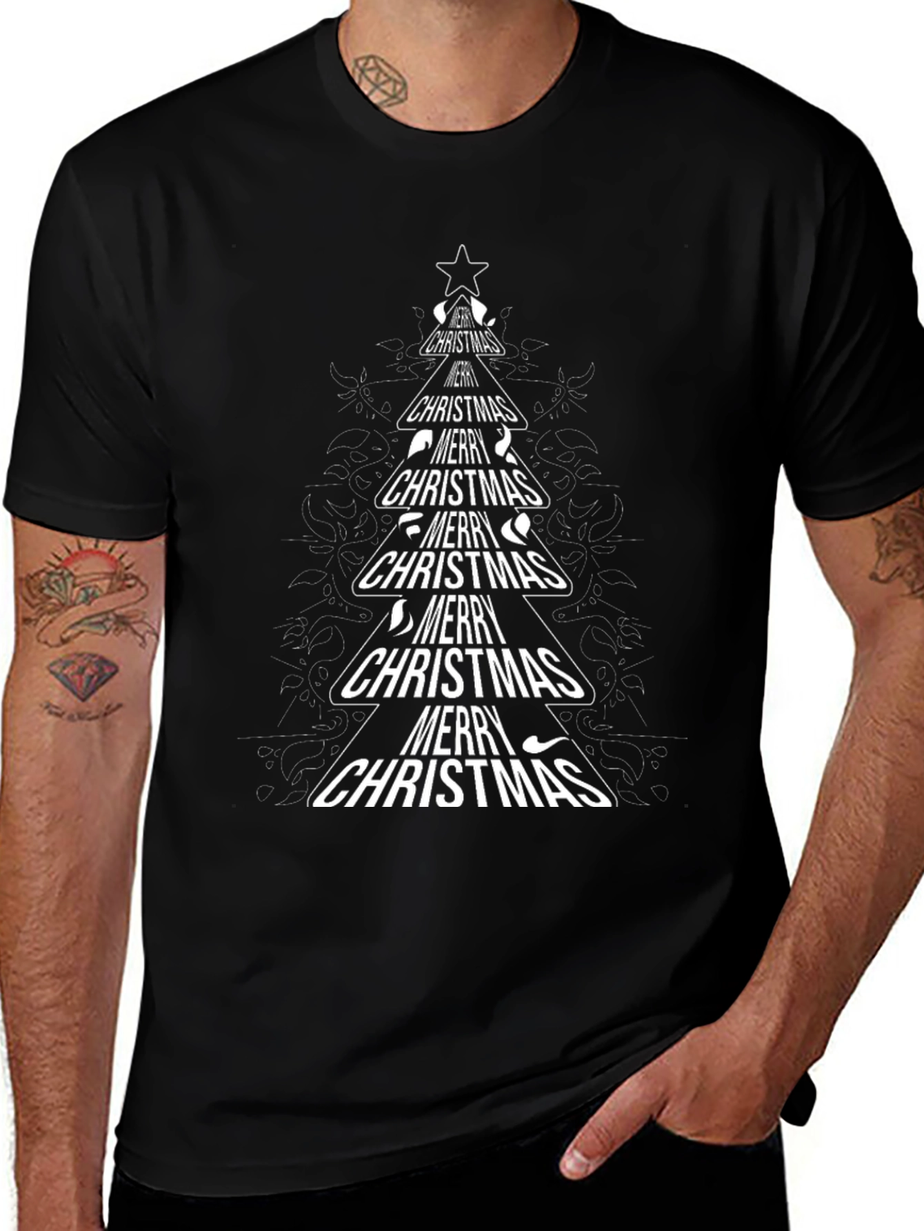 Merry Christmas Tree Graphic T-Shirt - Black