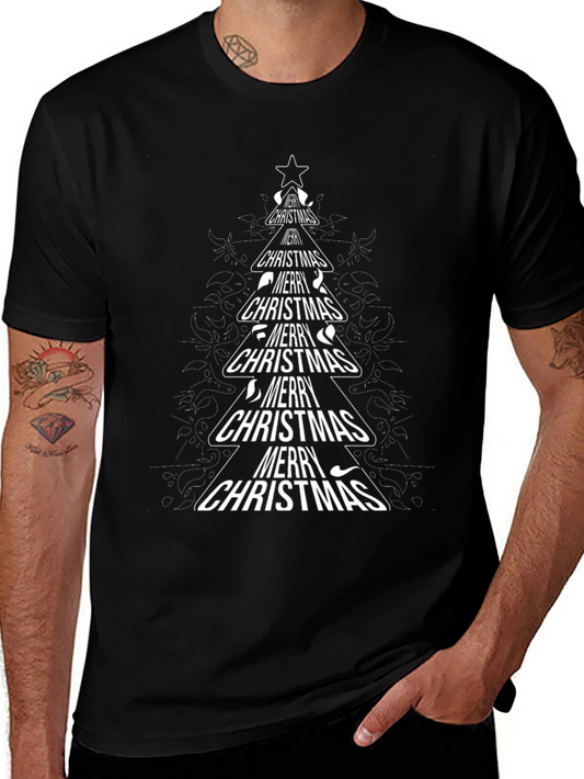 Merry Christmas Tree Graphic T-Shirt - Black