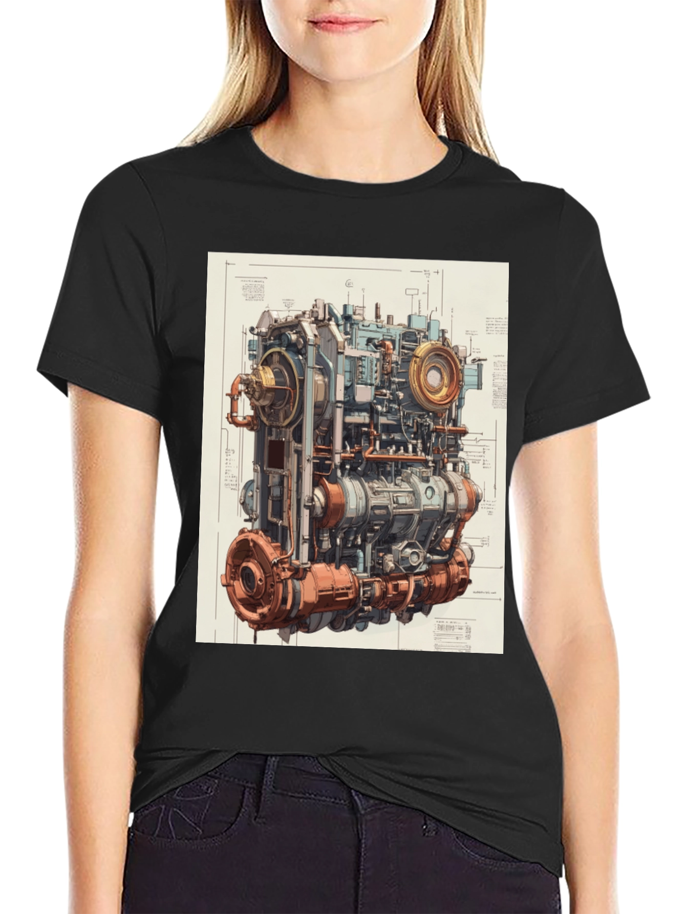 Steampunk Engine Blueprint Graphic T-Shirt