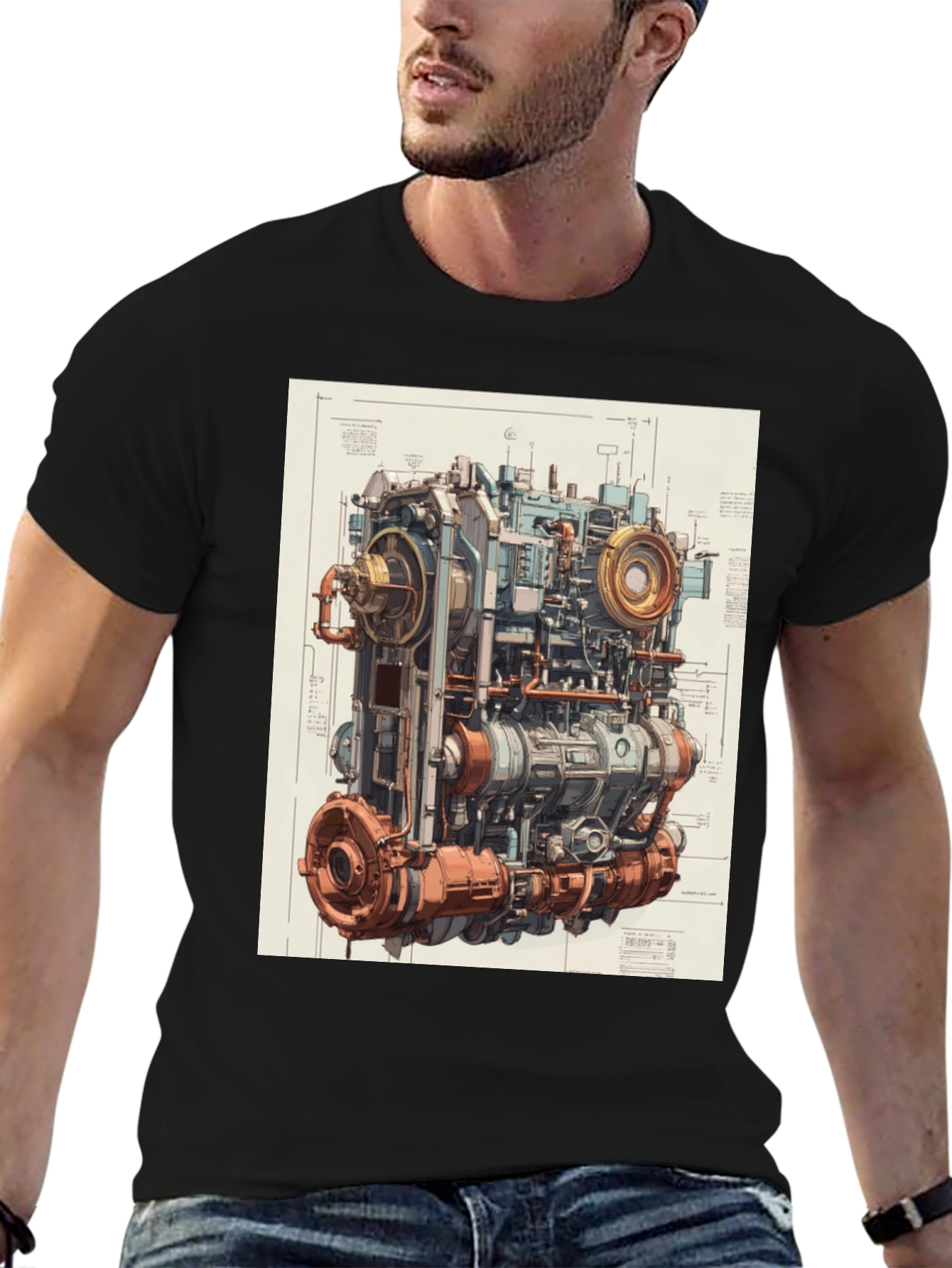 Steampunk Engine Blueprint Graphic T-Shirt