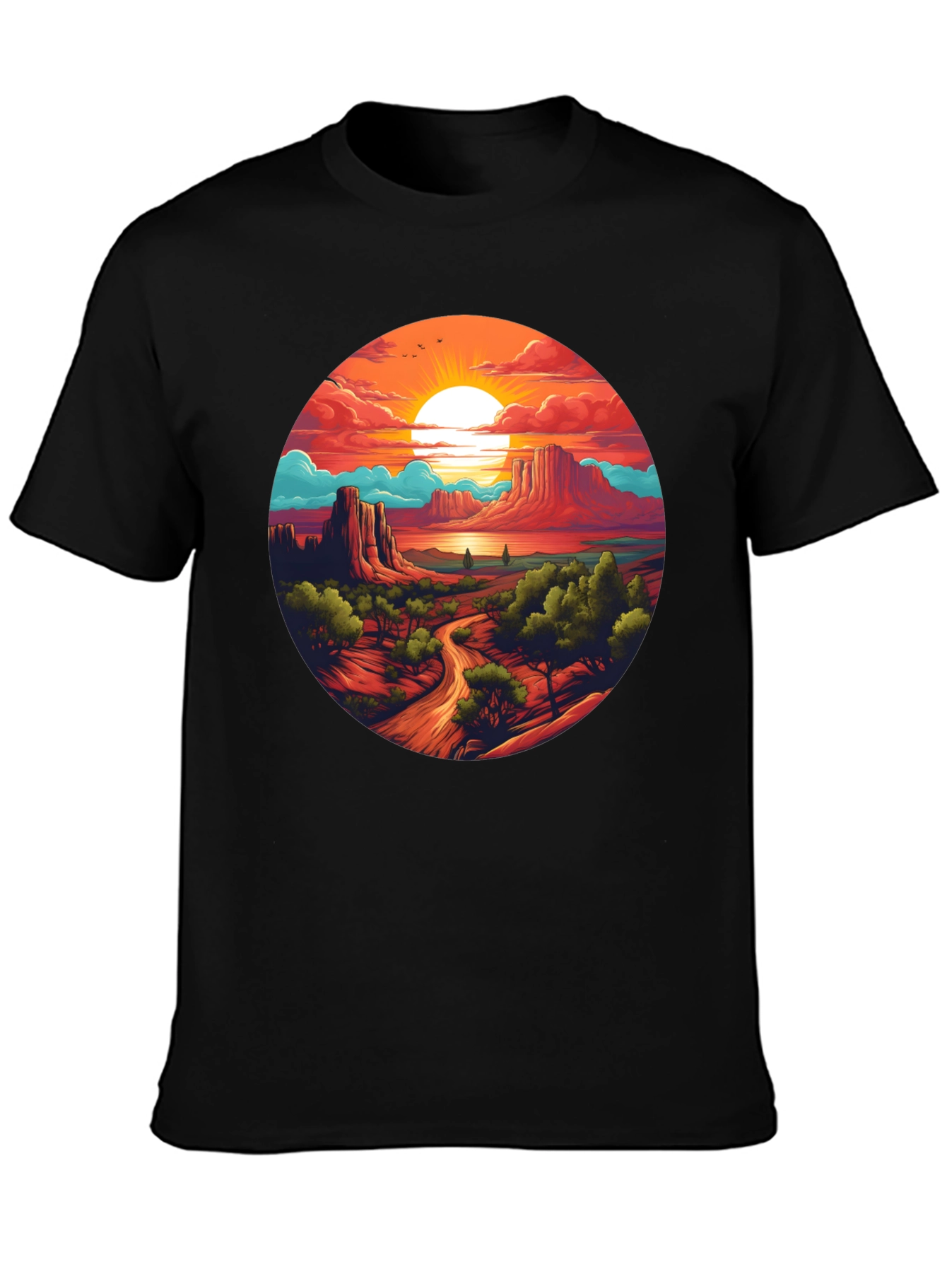 Desert Sunset Graphic Tee - Black Cotton T-Shirt