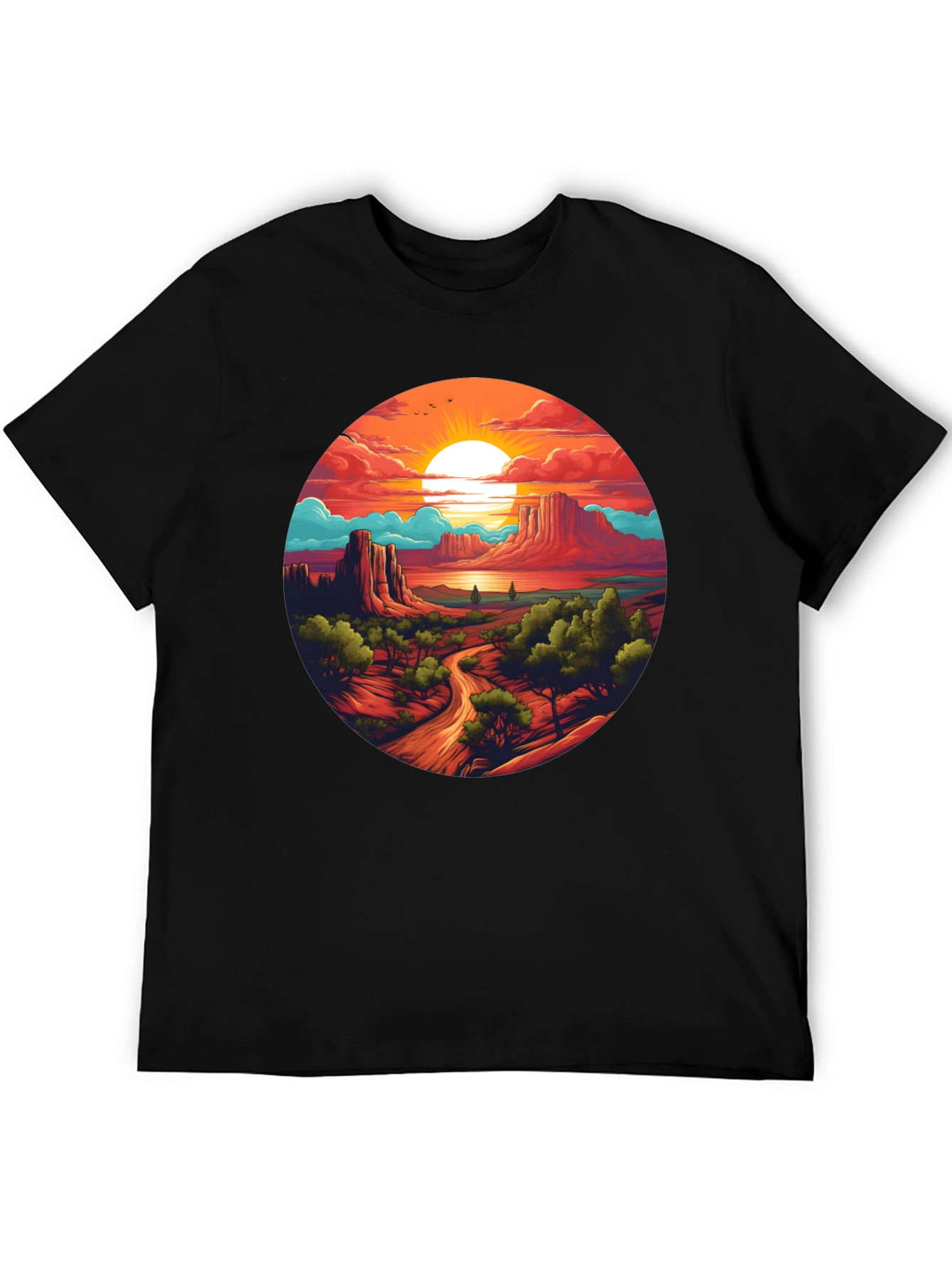 Desert Sunset Graphic Tee - Black Cotton T-Shirt