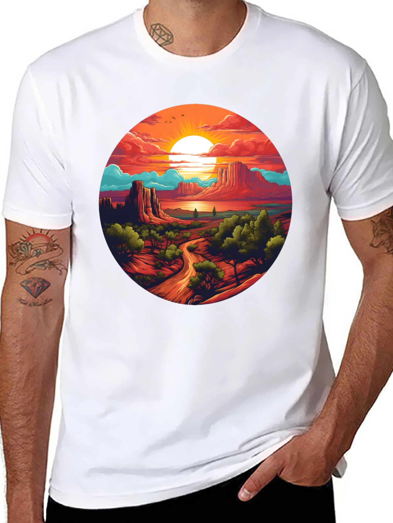 Desert Sunset Graphic Tee - Black Cotton T-Shirt