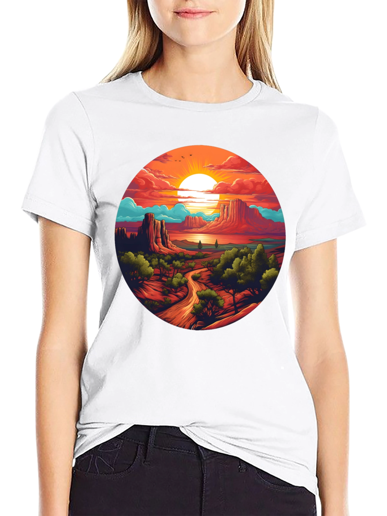 Desert Sunset Graphic Tee - Black Cotton T-Shirt