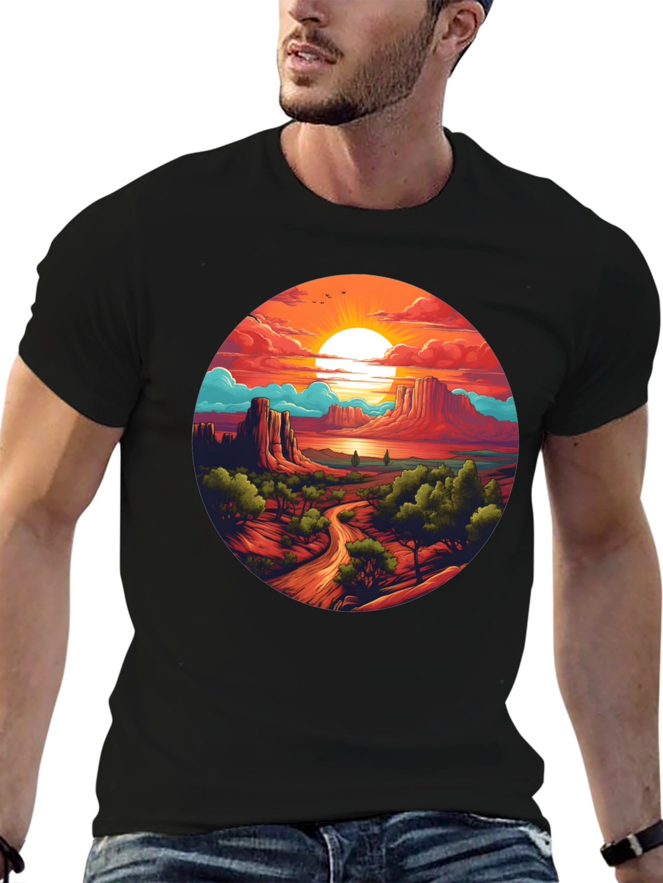 Desert Sunset Graphic Tee - Black Cotton T-Shirt