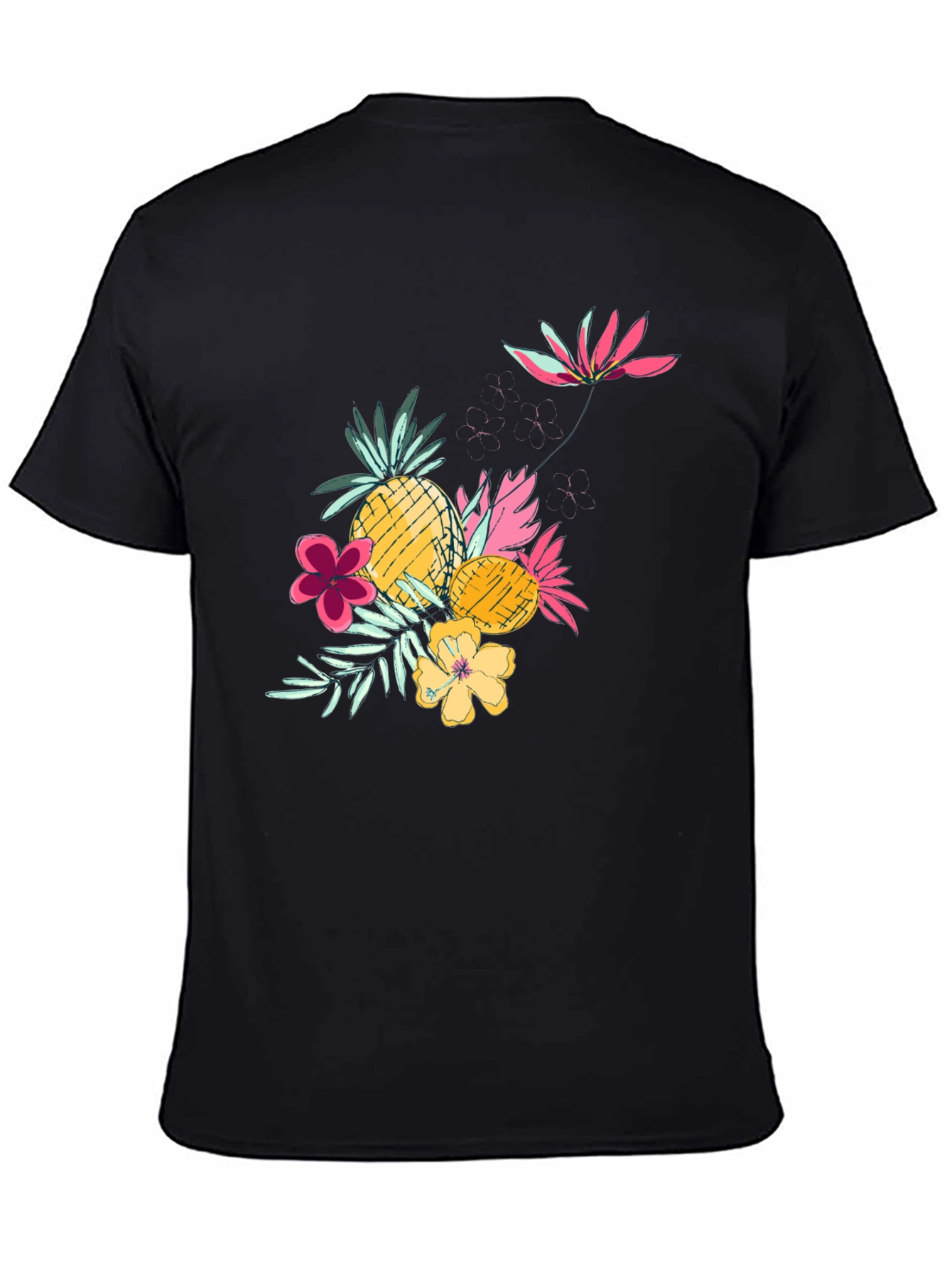 Tropical Pineapple & Flower Graphic Black Tee