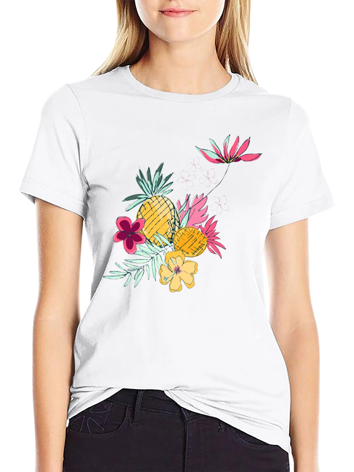 Tropical Pineapple & Flower Graphic Black Tee