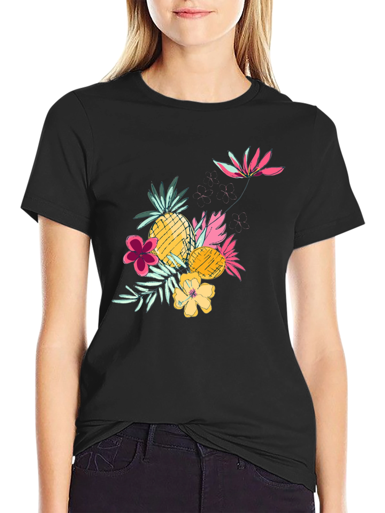 Tropical Pineapple & Flower Graphic Black Tee