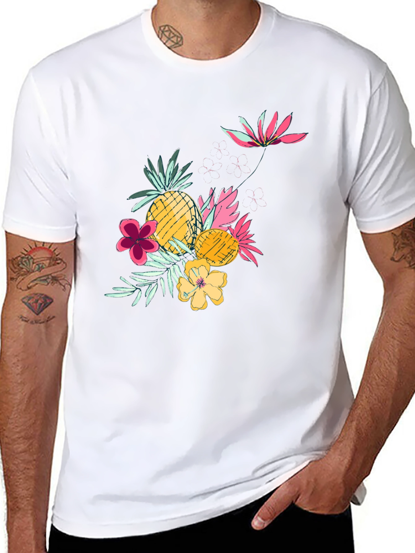 Tropical Pineapple & Flower Graphic Black Tee