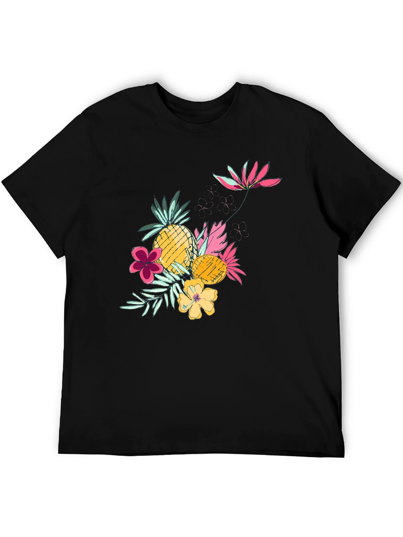 Tropical Pineapple & Flower Graphic Black Tee