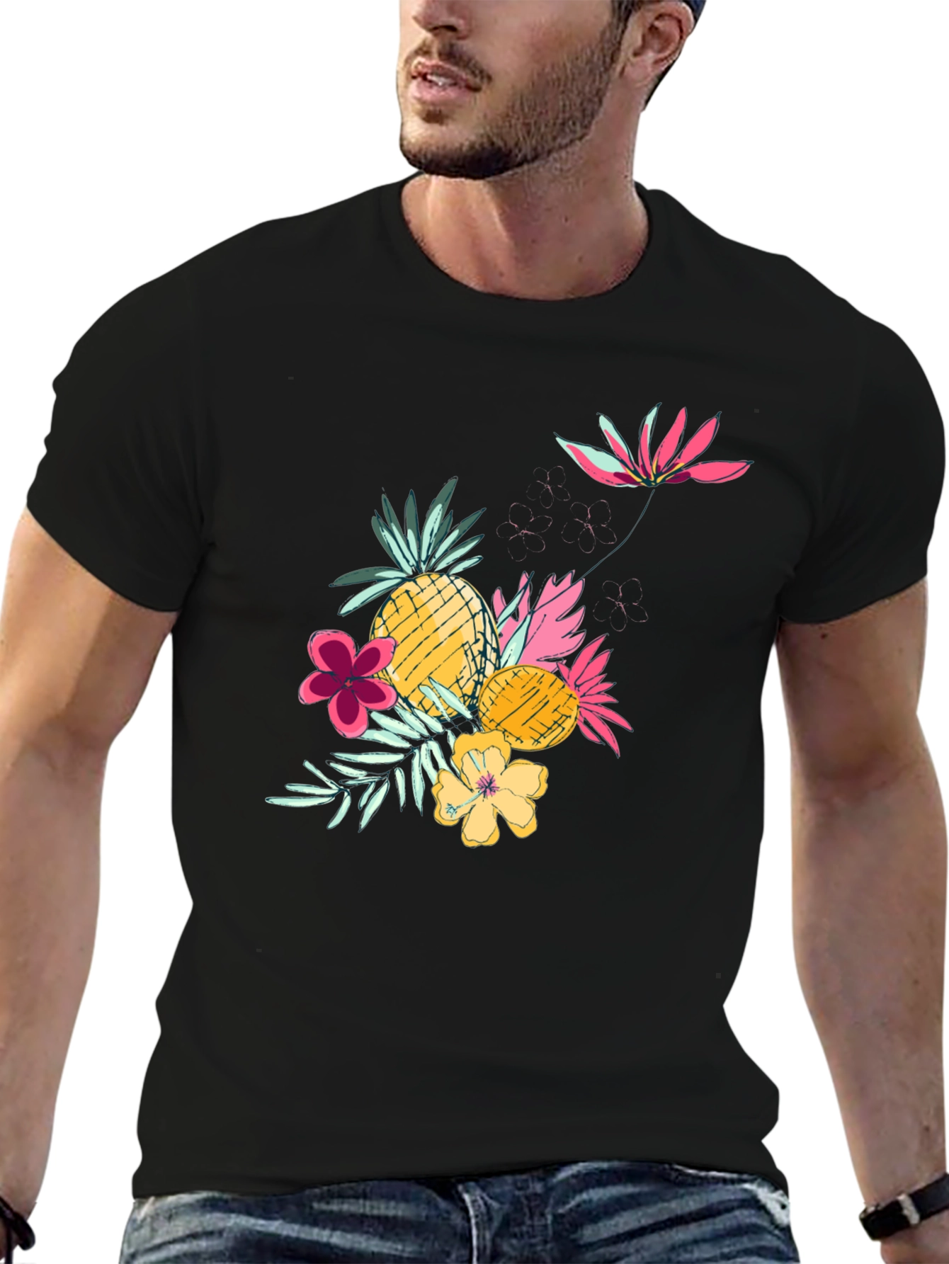 Tropical Pineapple & Flower Graphic Black Tee