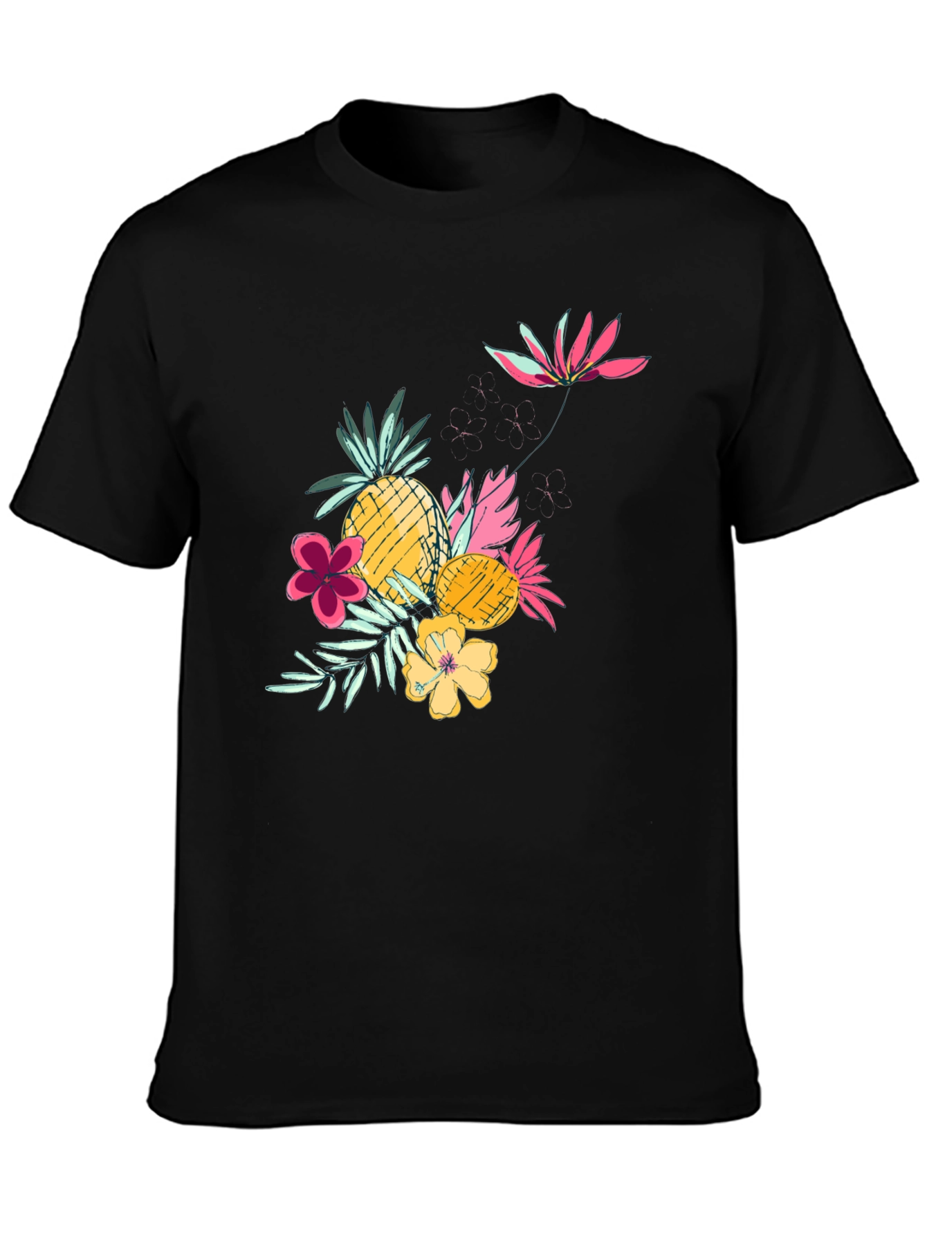 Tropical Pineapple & Flower Graphic Black Tee