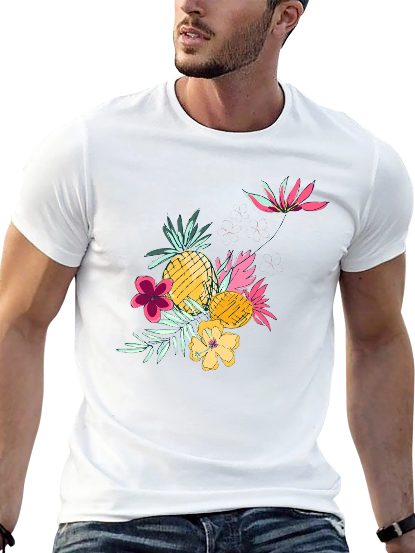 Tropical Pineapple & Flower Graphic Black Tee